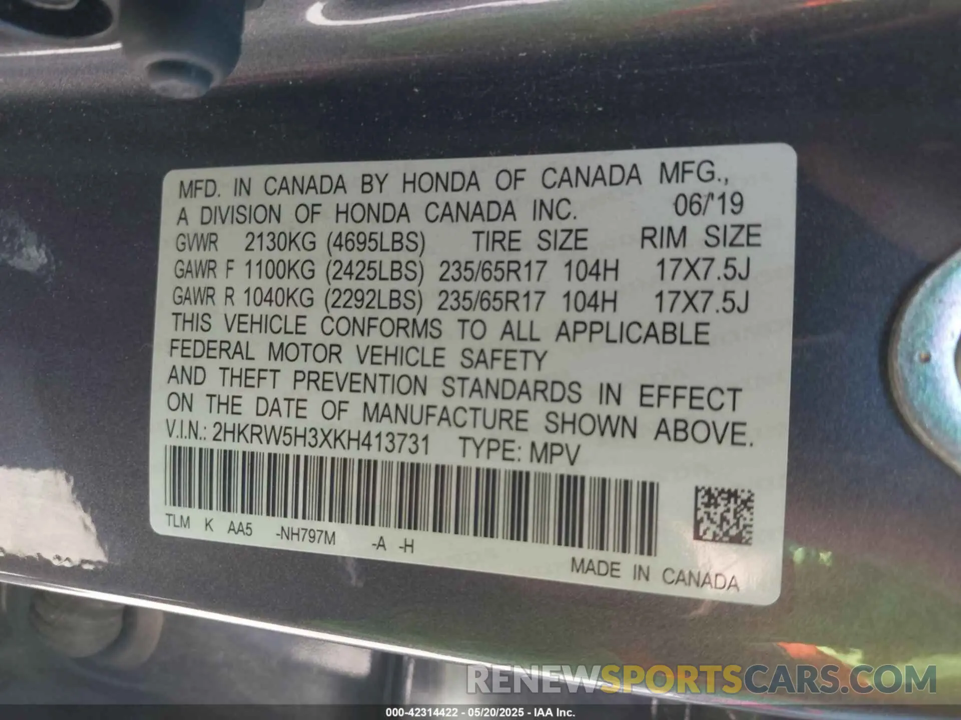 9 Photograph of a damaged car 2HKRW5H3XKH413731 HONDA CR-V 2019