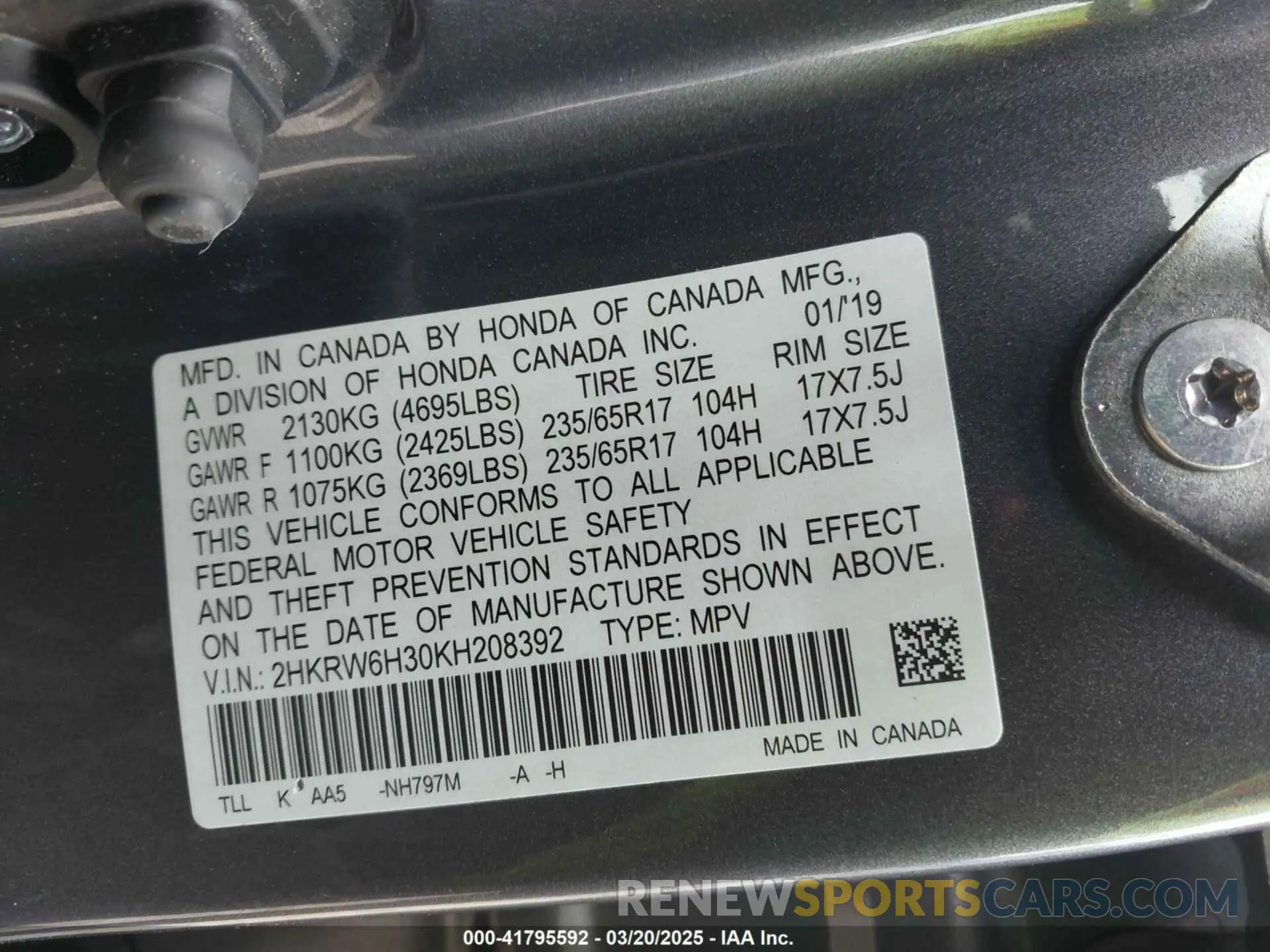 9 Photograph of a damaged car 2HKRW6H30KH208392 HONDA CR-V 2019
