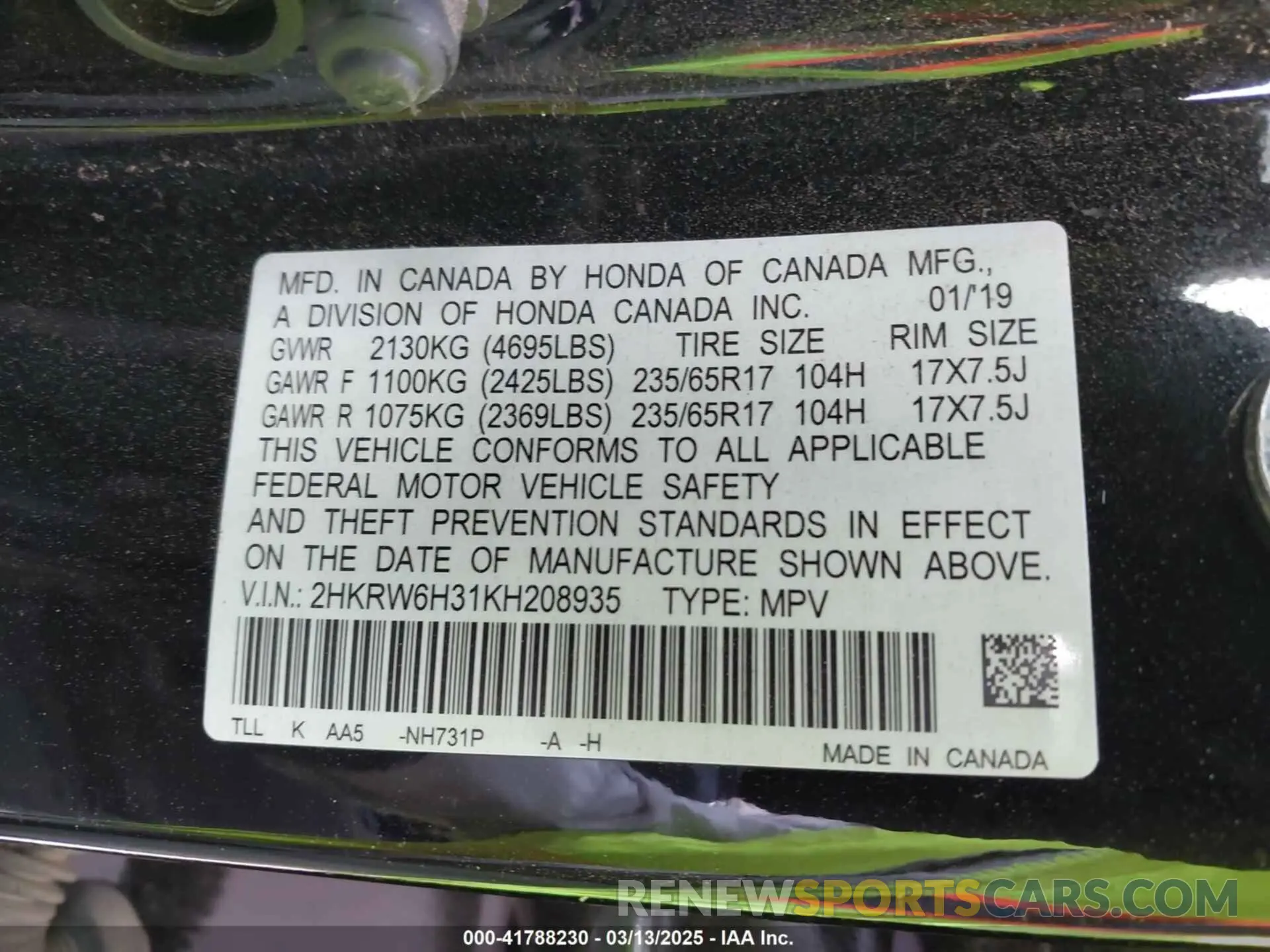 9 Photograph of a damaged car 2HKRW6H31KH208935 HONDA CR-V 2019