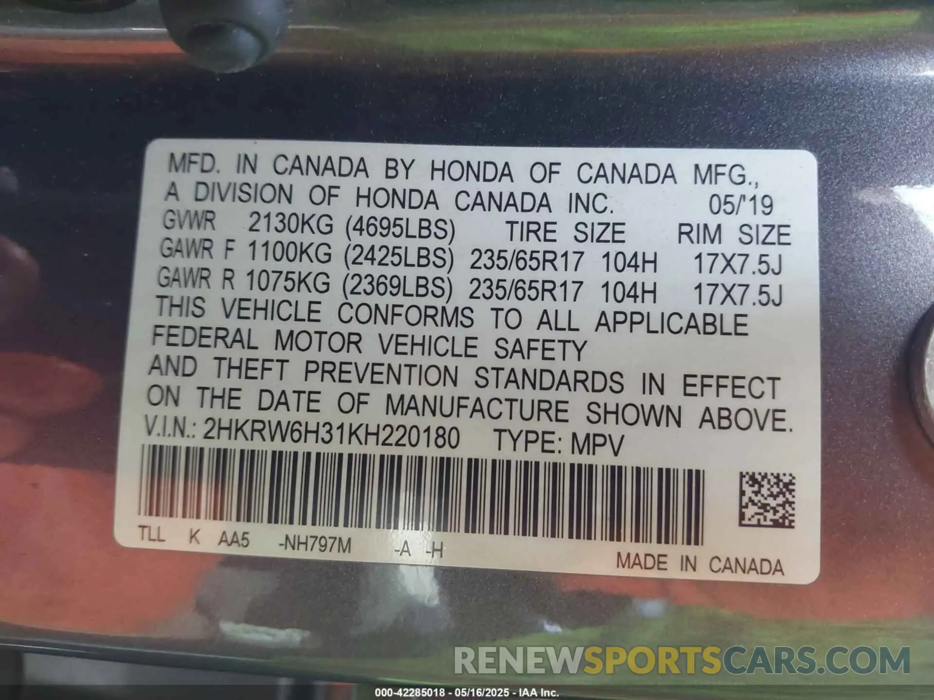 10 Photograph of a damaged car 2HKRW6H31KH220180 HONDA CR-V 2019