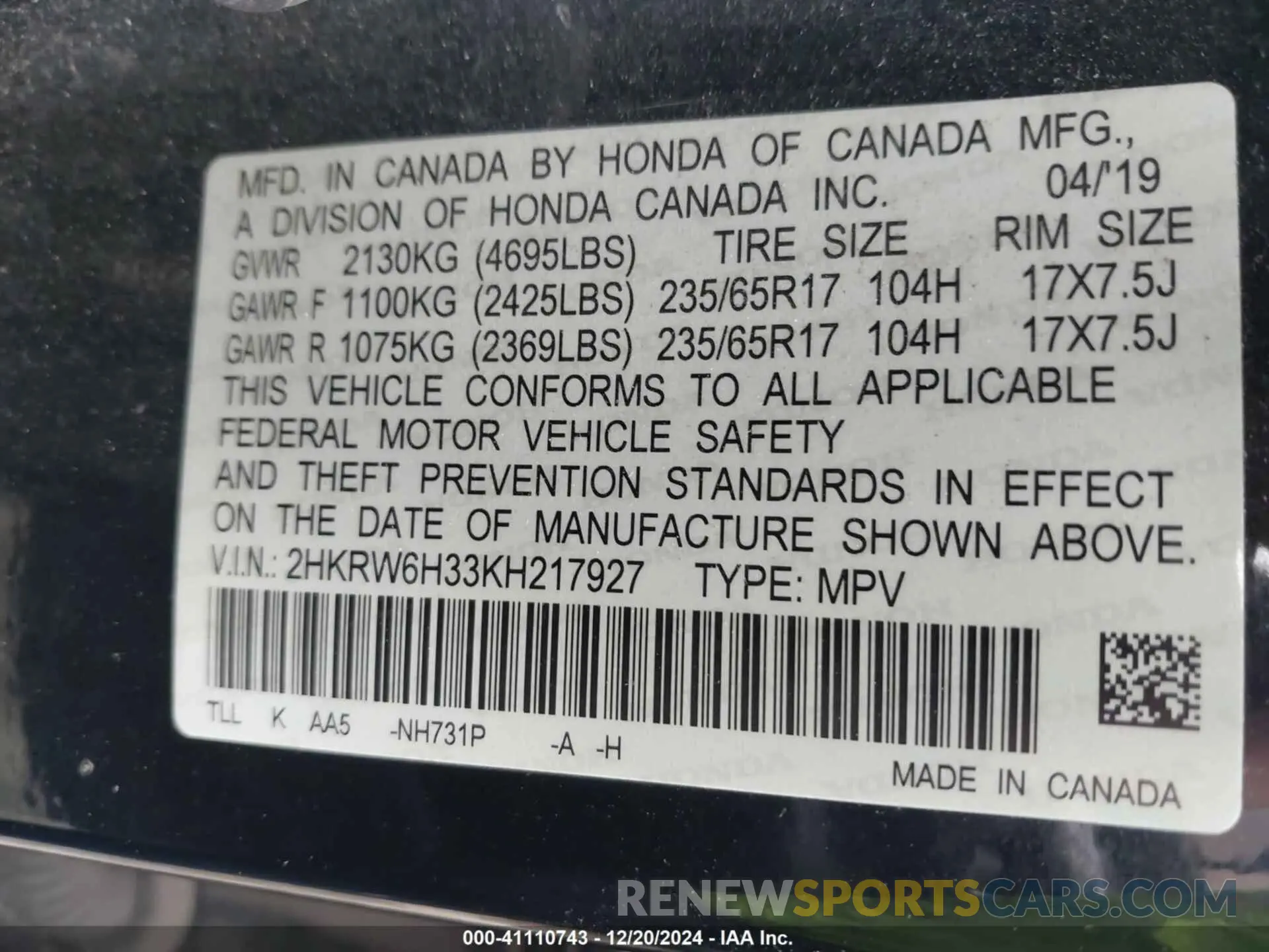 9 Photograph of a damaged car 2HKRW6H33KH217927 HONDA CR-V 2019