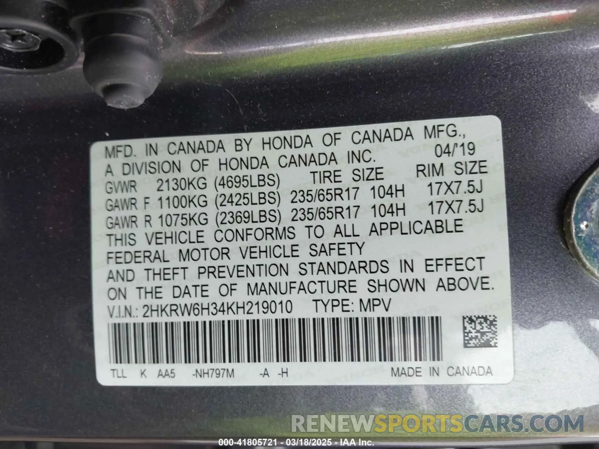 9 Photograph of a damaged car 2HKRW6H34KH219010 HONDA CR-V 2019