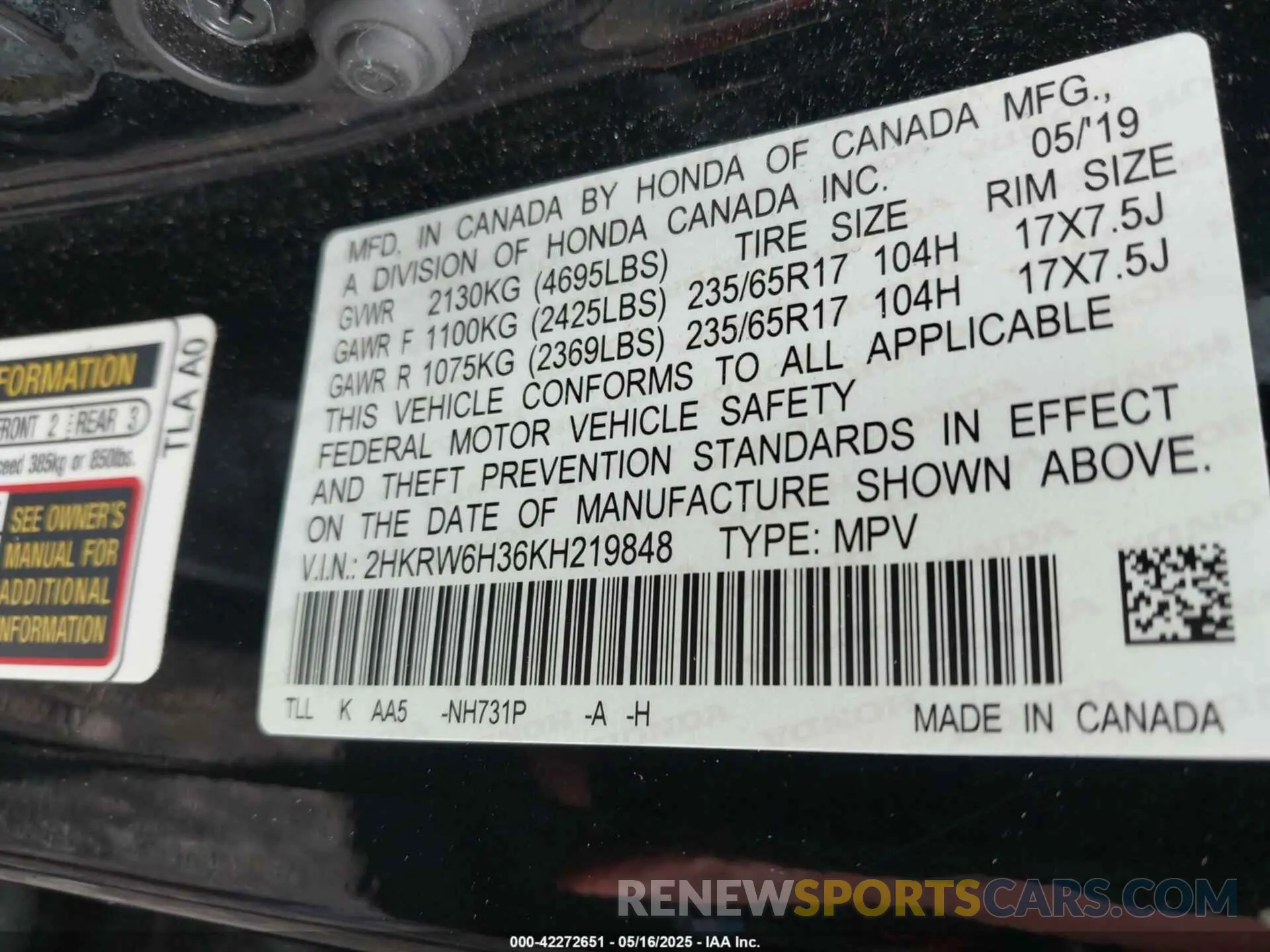 9 Photograph of a damaged car 2HKRW6H36KH219848 HONDA CR-V 2019