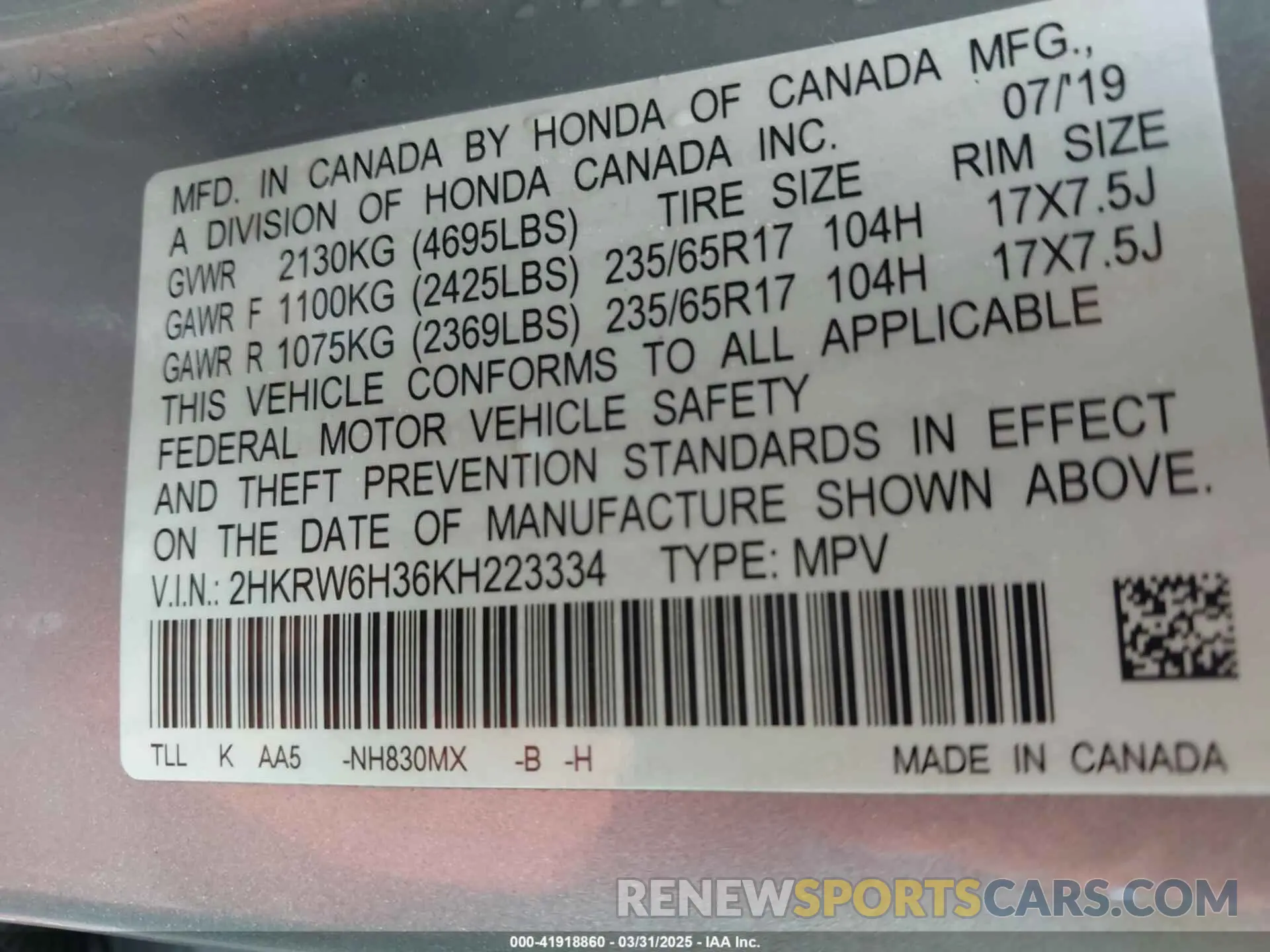 9 Photograph of a damaged car 2HKRW6H36KH223334 HONDA CR-V 2019