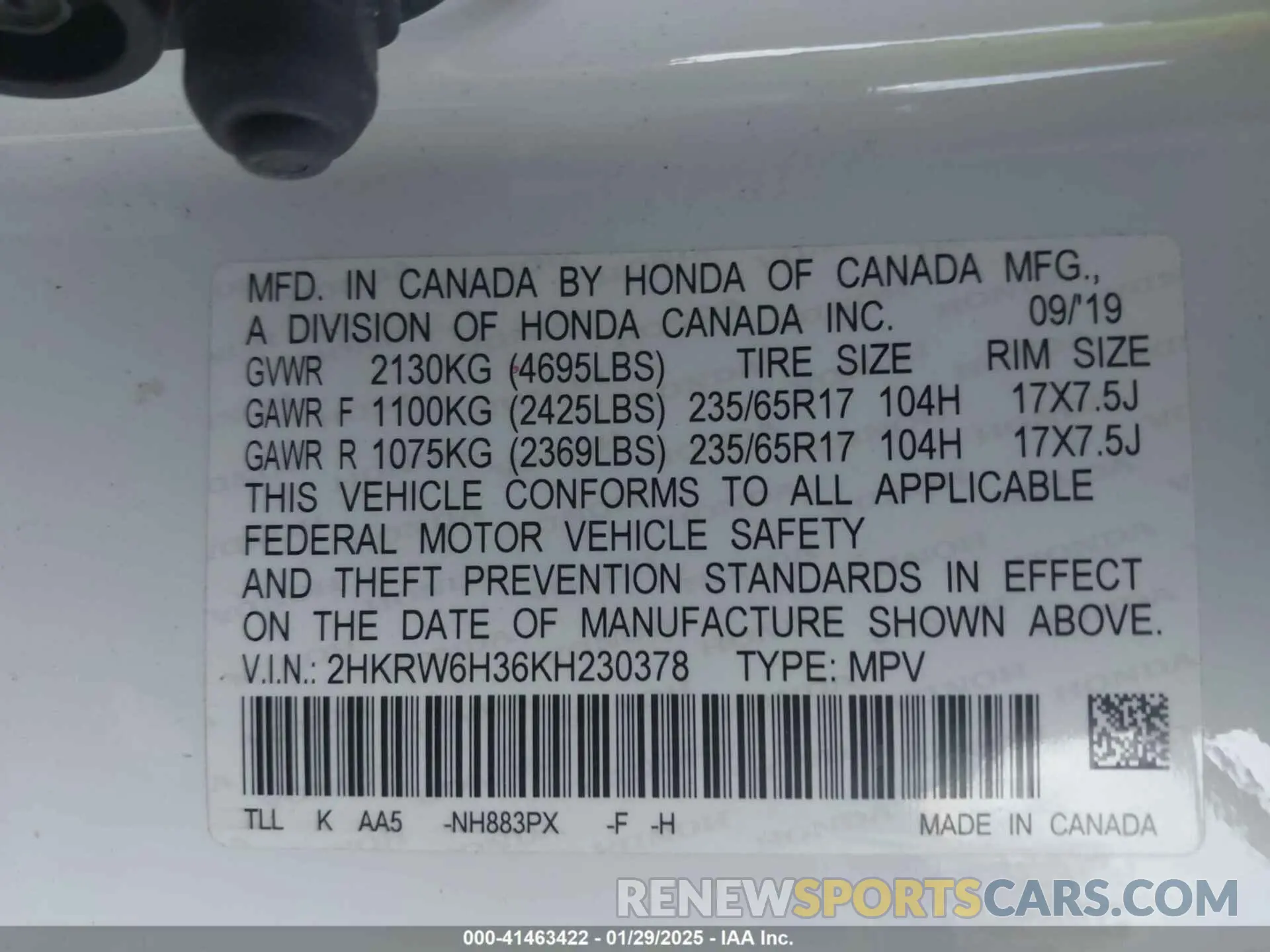 9 Photograph of a damaged car 2HKRW6H36KH230378 HONDA CR-V 2019