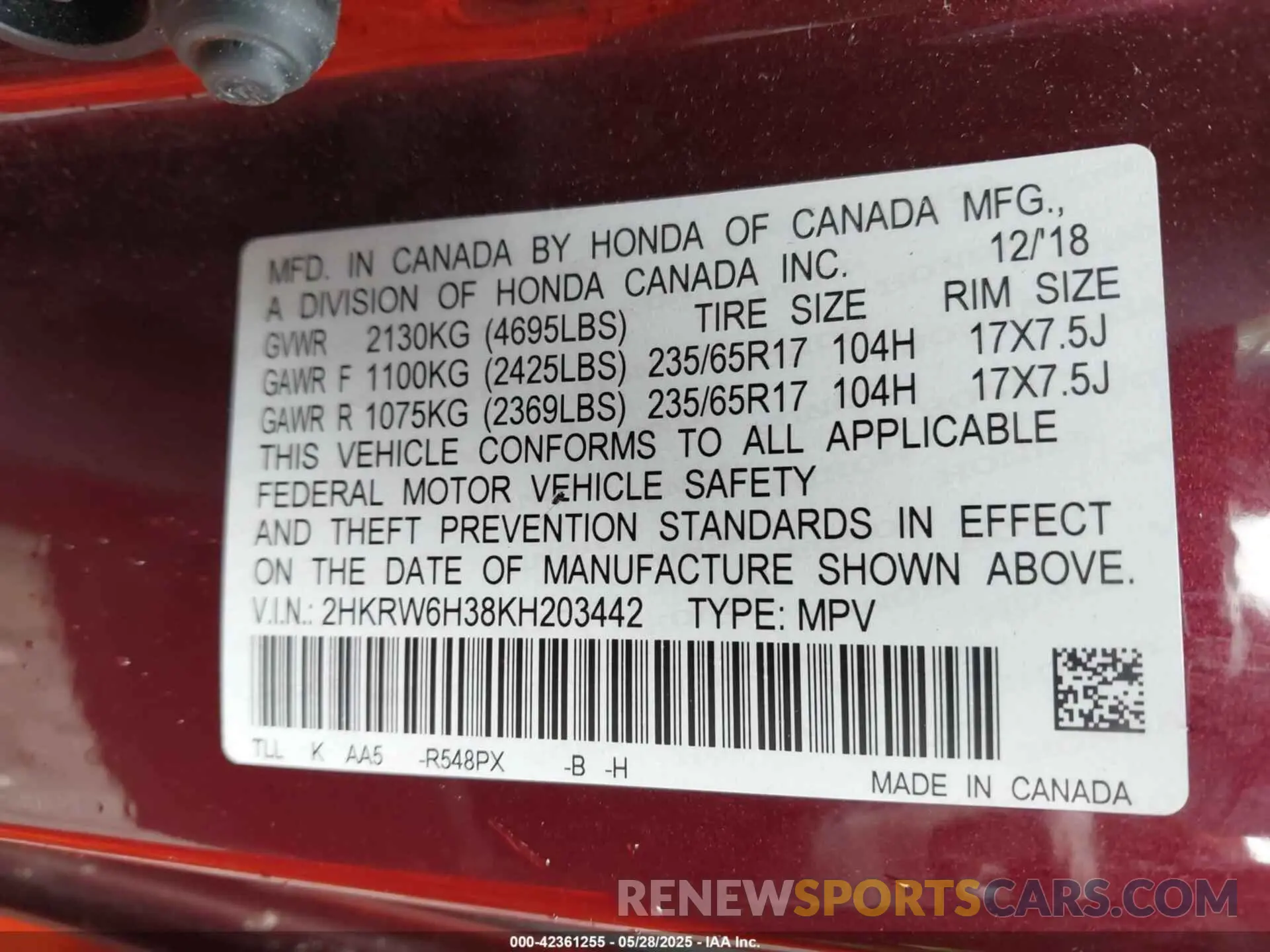 9 Photograph of a damaged car 2HKRW6H38KH203442 HONDA CR-V 2019