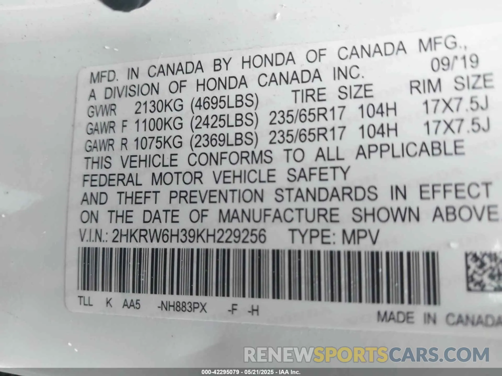 9 Photograph of a damaged car 2HKRW6H39KH229256 HONDA CR-V 2019