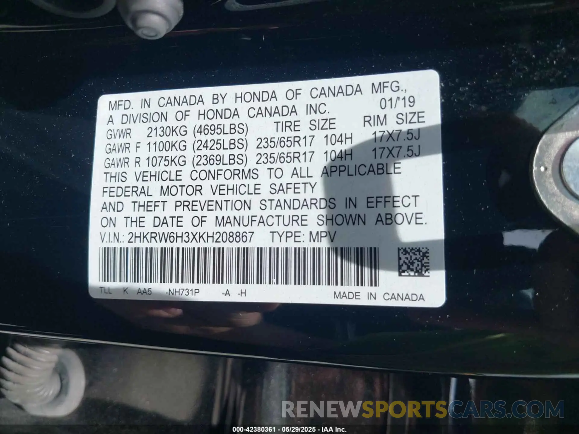 9 Photograph of a damaged car 2HKRW6H3XKH208867 HONDA CR-V 2019