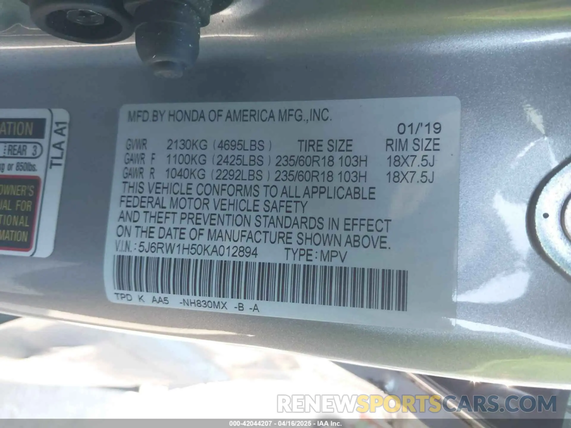 9 Photograph of a damaged car 5J6RW1H50KA012894 HONDA CR-V 2019