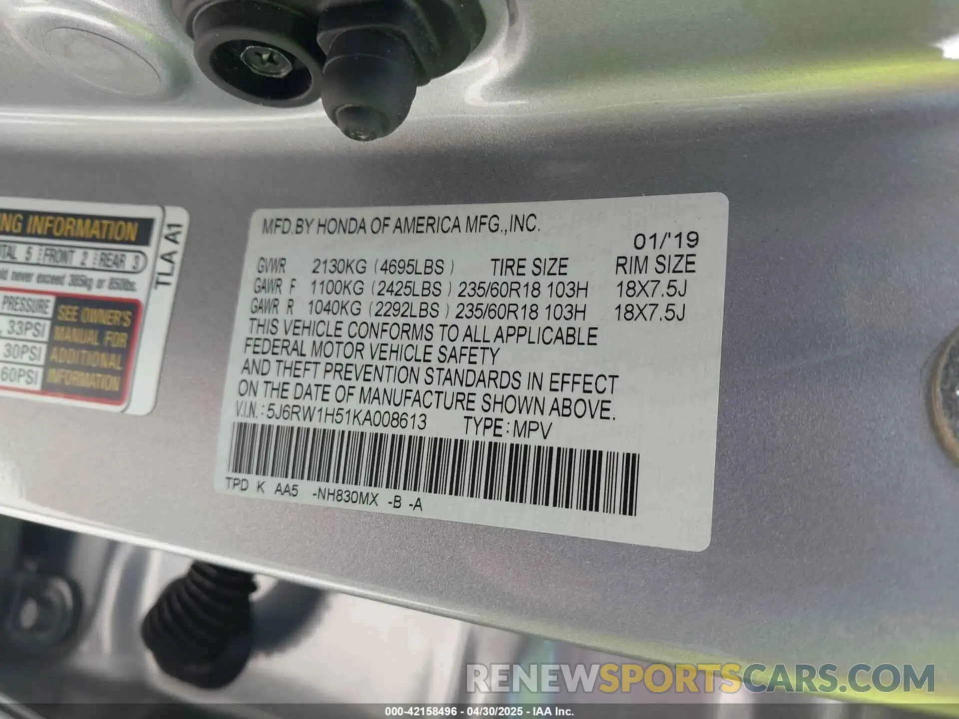 9 Photograph of a damaged car 5J6RW1H51KA008613 HONDA CR-V 2019