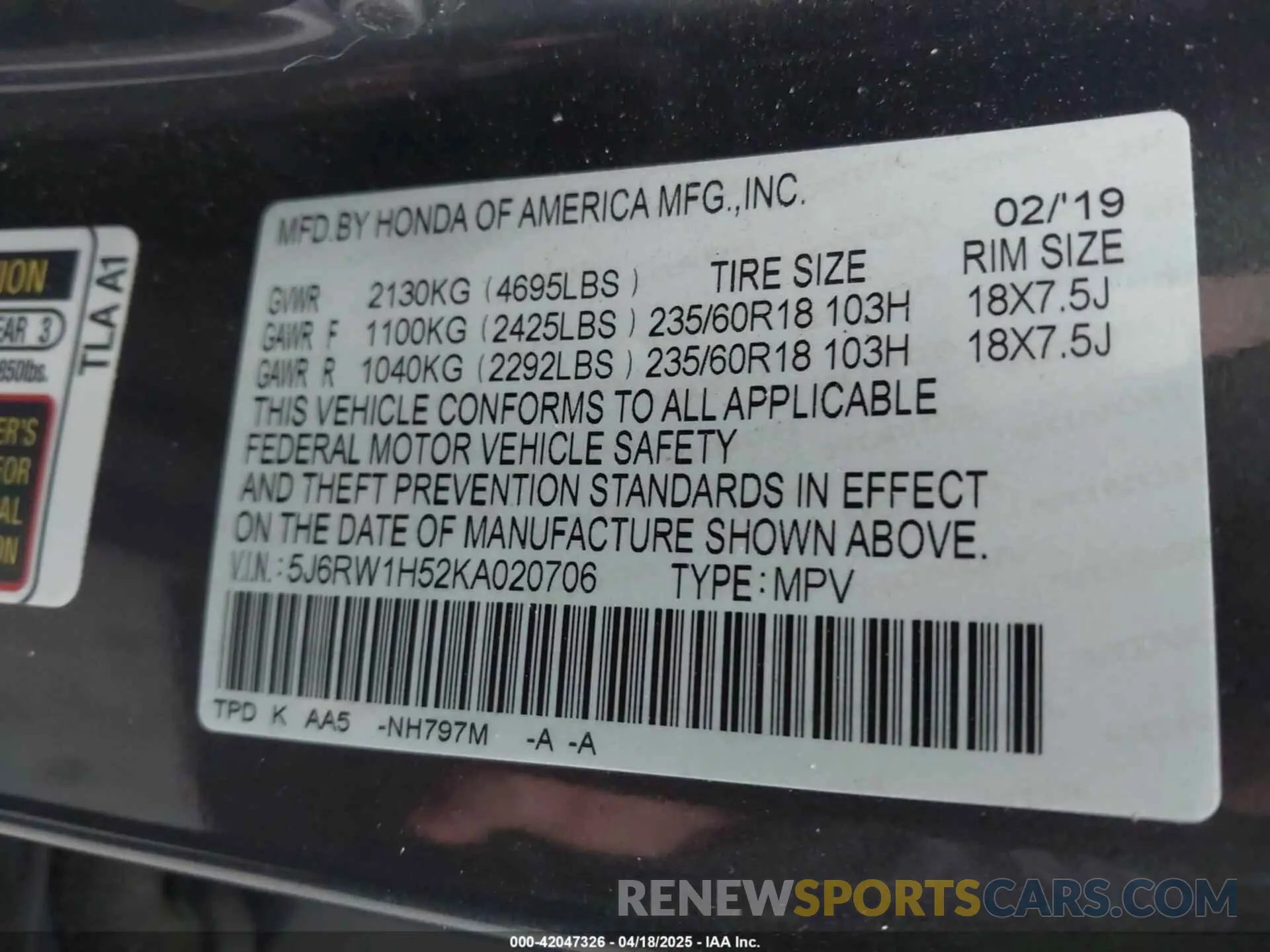 9 Photograph of a damaged car 5J6RW1H52KA020706 HONDA CR-V 2019