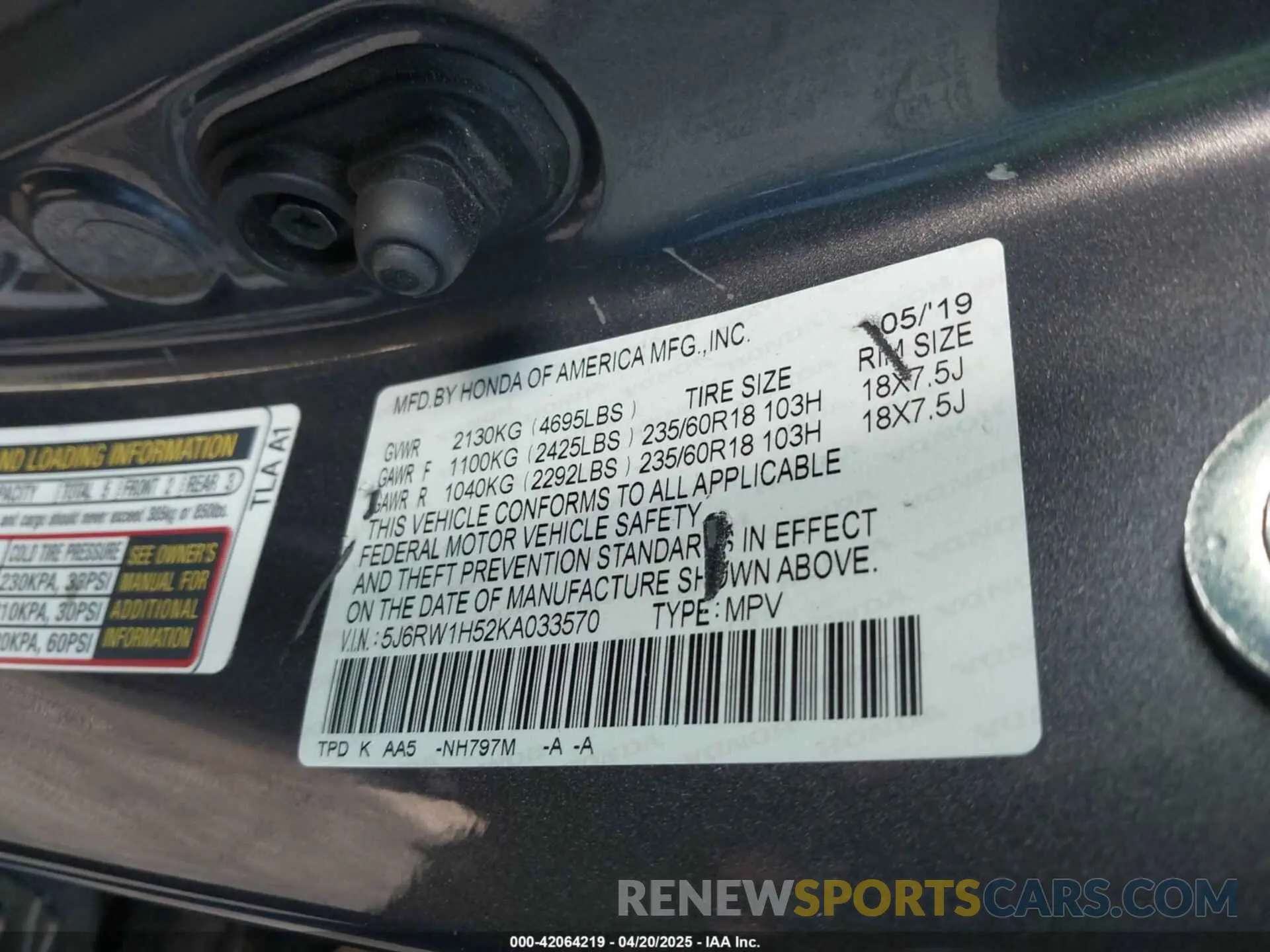 9 Photograph of a damaged car 5J6RW1H52KA033570 HONDA CR-V 2019