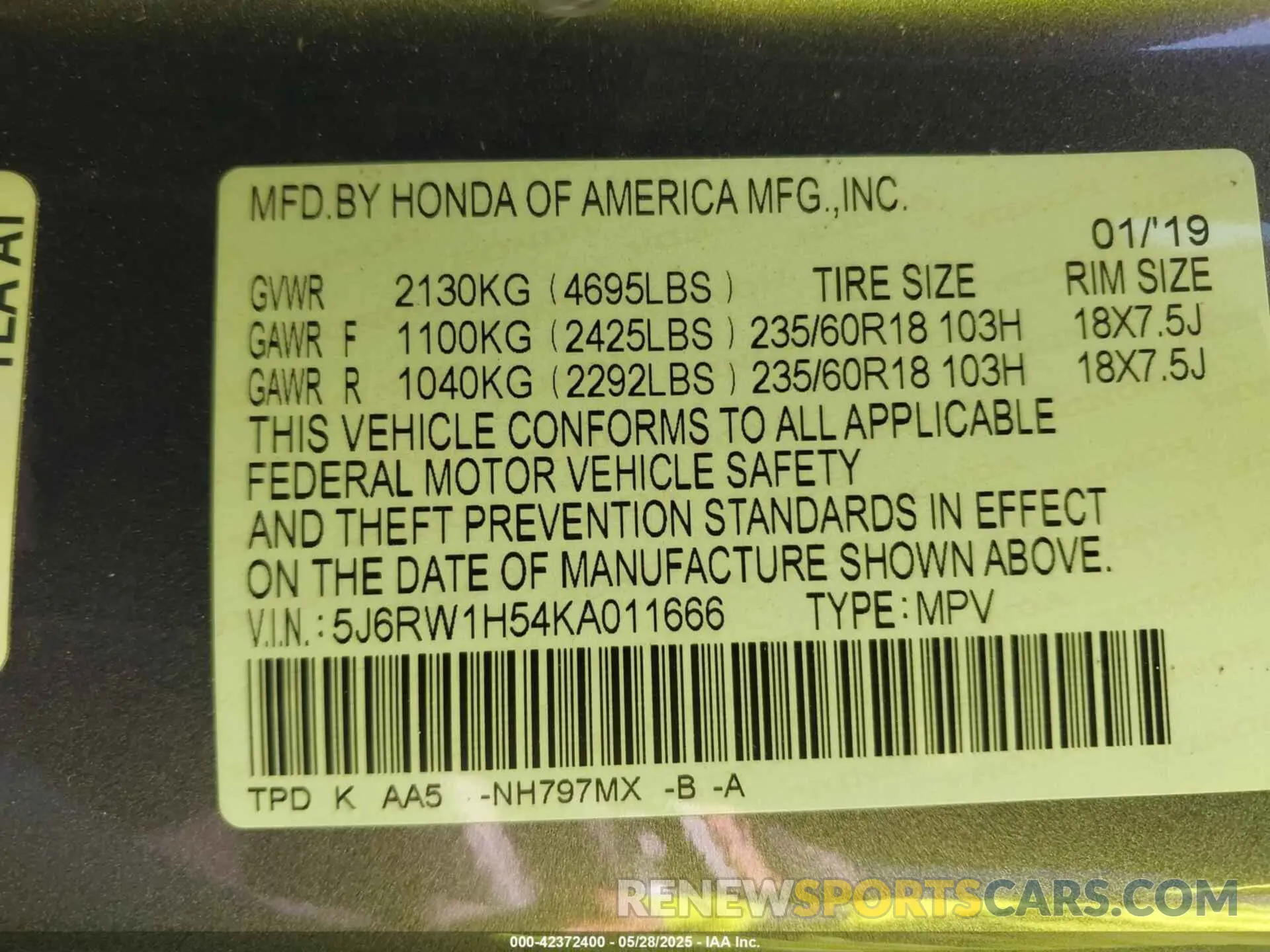 9 Photograph of a damaged car 5J6RW1H54KA011666 HONDA CR-V 2019