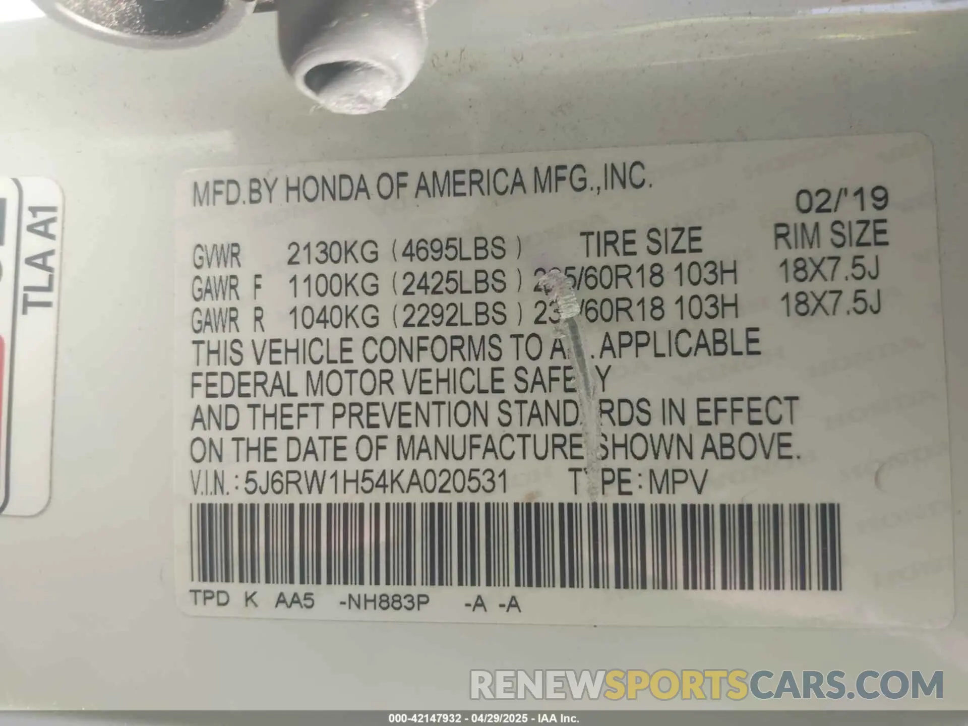 9 Photograph of a damaged car 5J6RW1H54KA020531 HONDA CR-V 2019