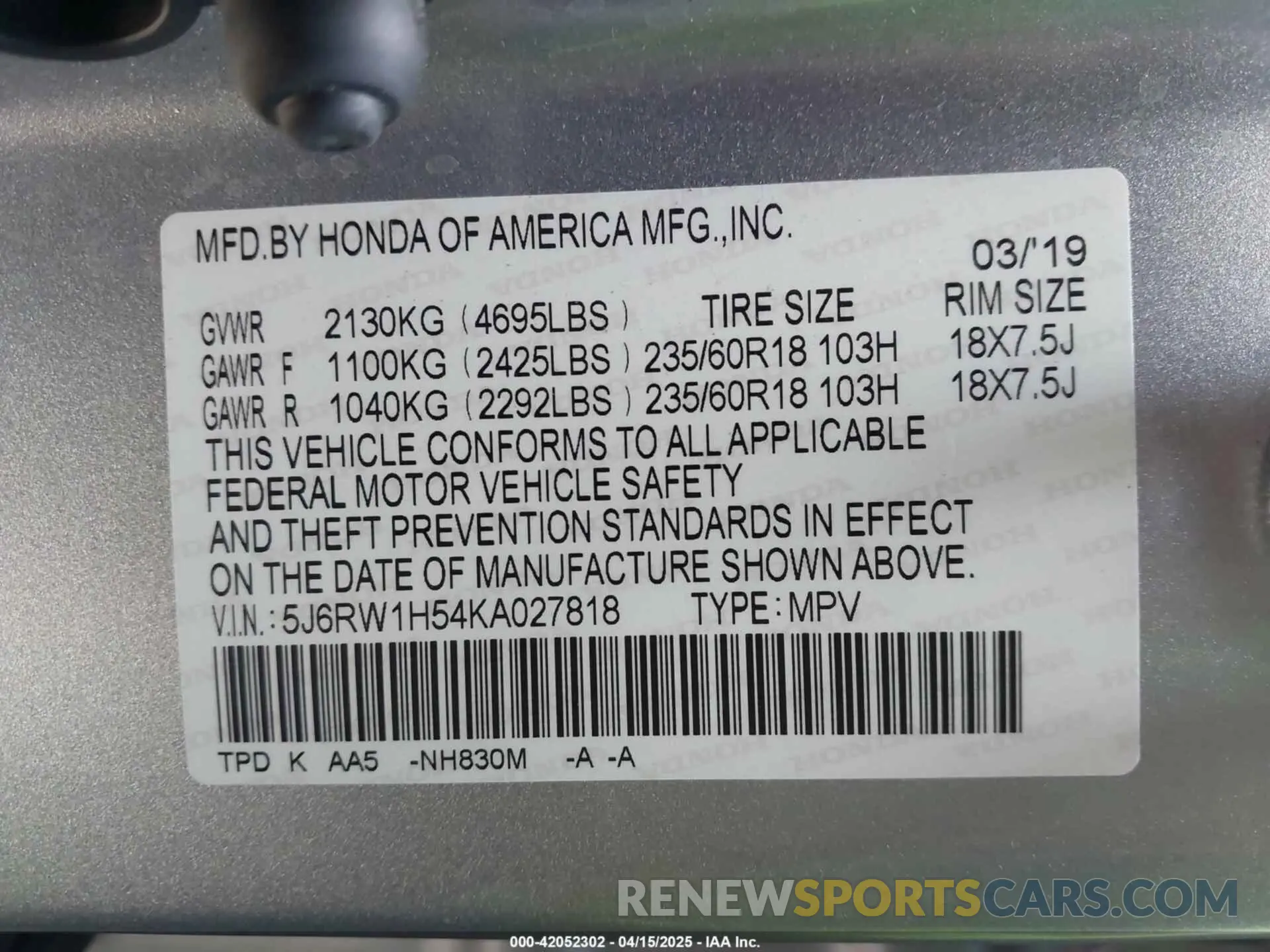 9 Photograph of a damaged car 5J6RW1H54KA027818 HONDA CR-V 2019