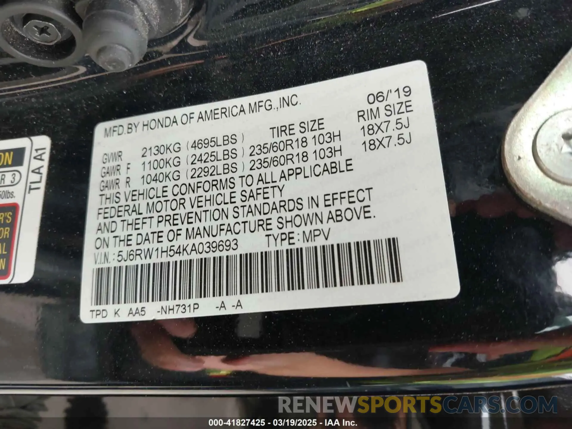 9 Photograph of a damaged car 5J6RW1H54KA039693 HONDA CR-V 2019