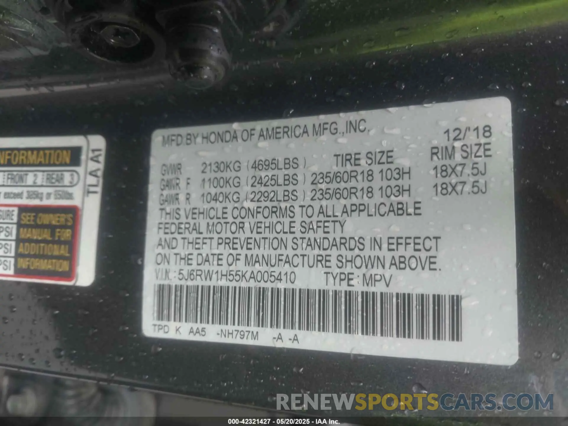 9 Photograph of a damaged car 5J6RW1H55KA005410 HONDA CR-V 2019