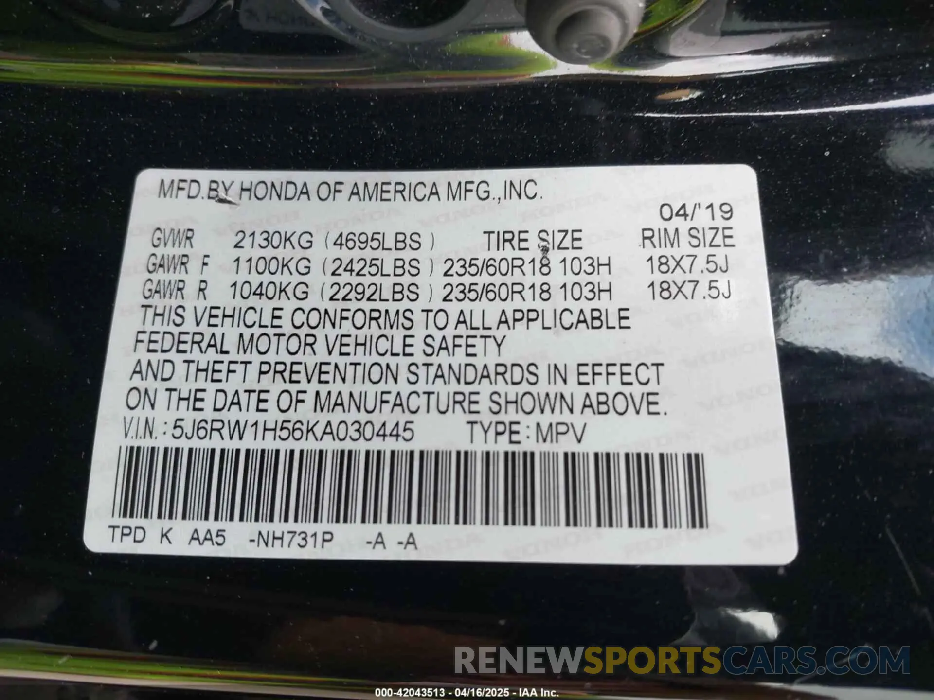 9 Photograph of a damaged car 5J6RW1H56KA030445 HONDA CR-V 2019