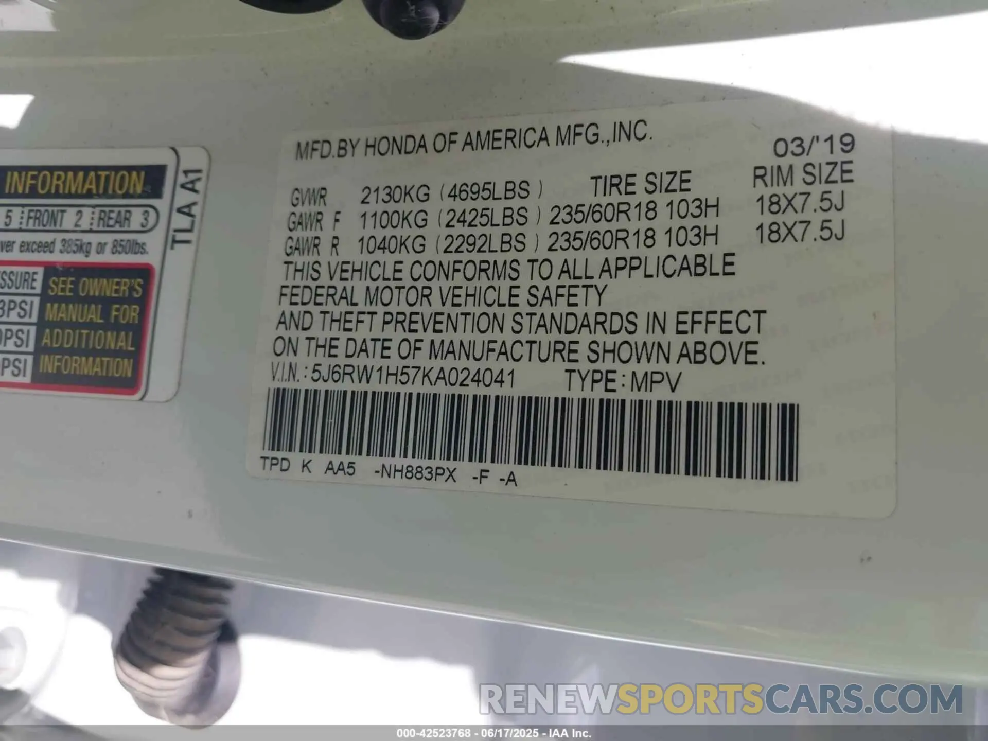 9 Photograph of a damaged car 5J6RW1H57KA024041 HONDA CR-V 2019
