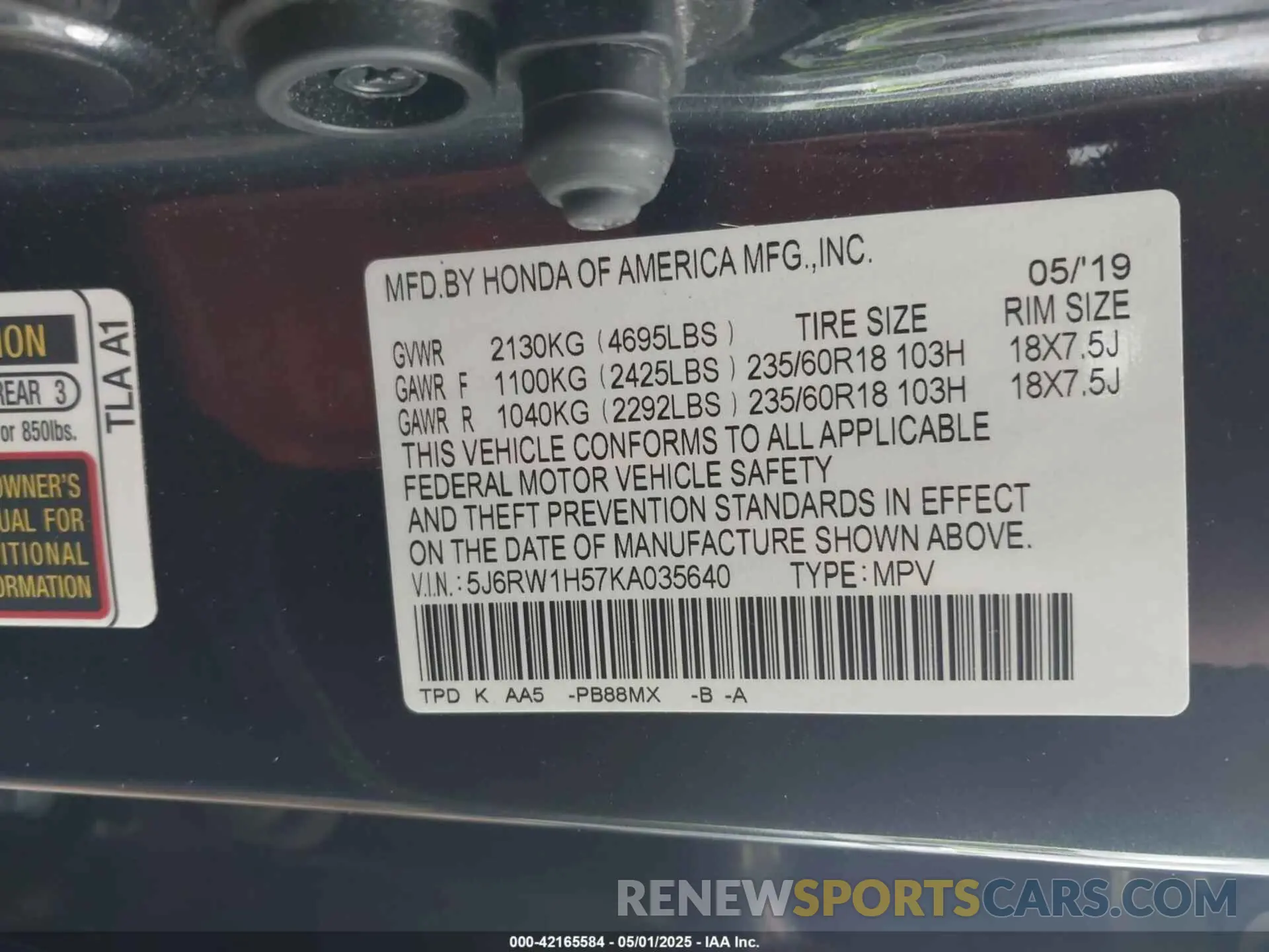 9 Photograph of a damaged car 5J6RW1H57KA035640 HONDA CR-V 2019