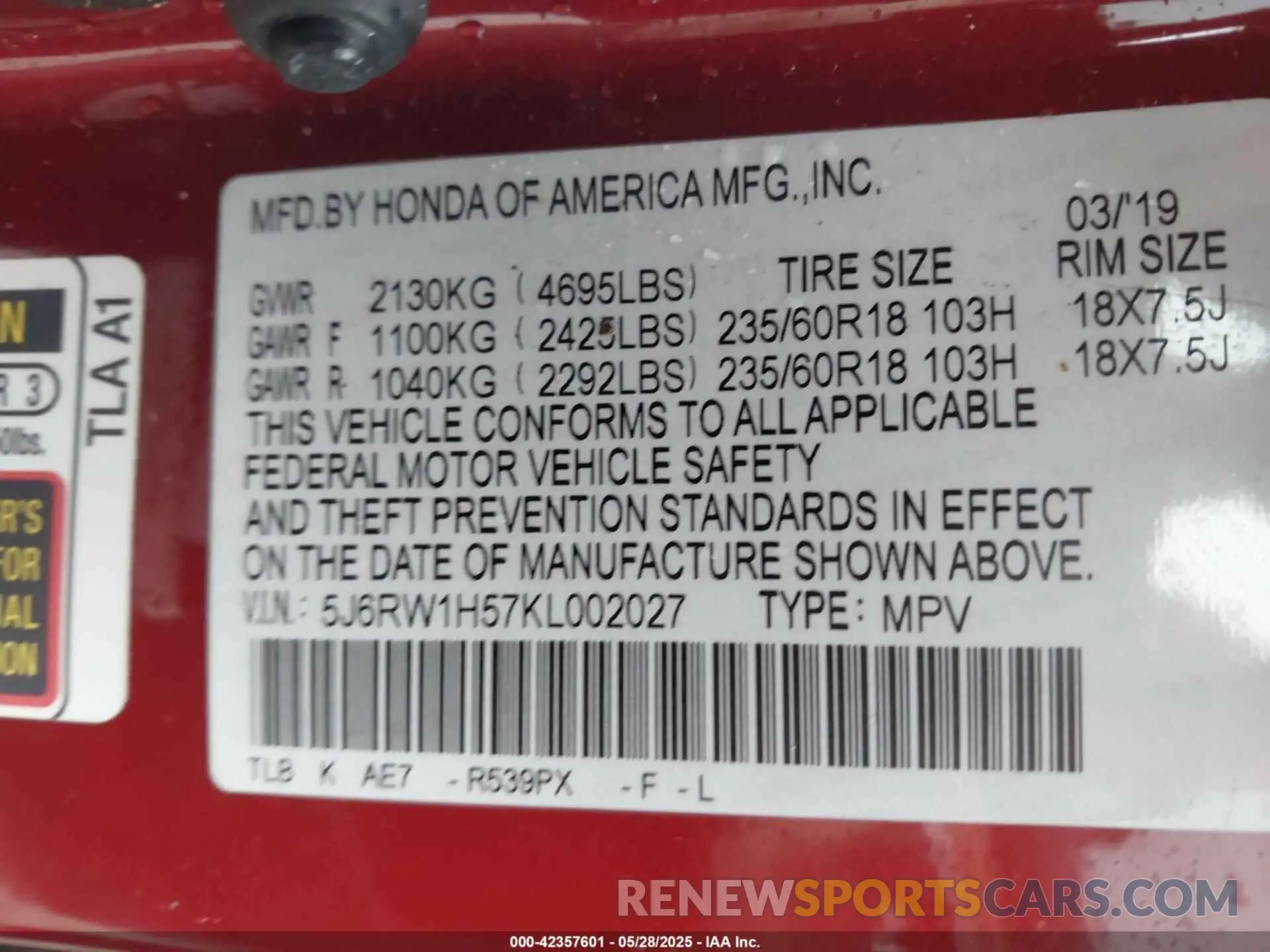 9 Photograph of a damaged car 5J6RW1H57KL002027 HONDA CR-V 2019