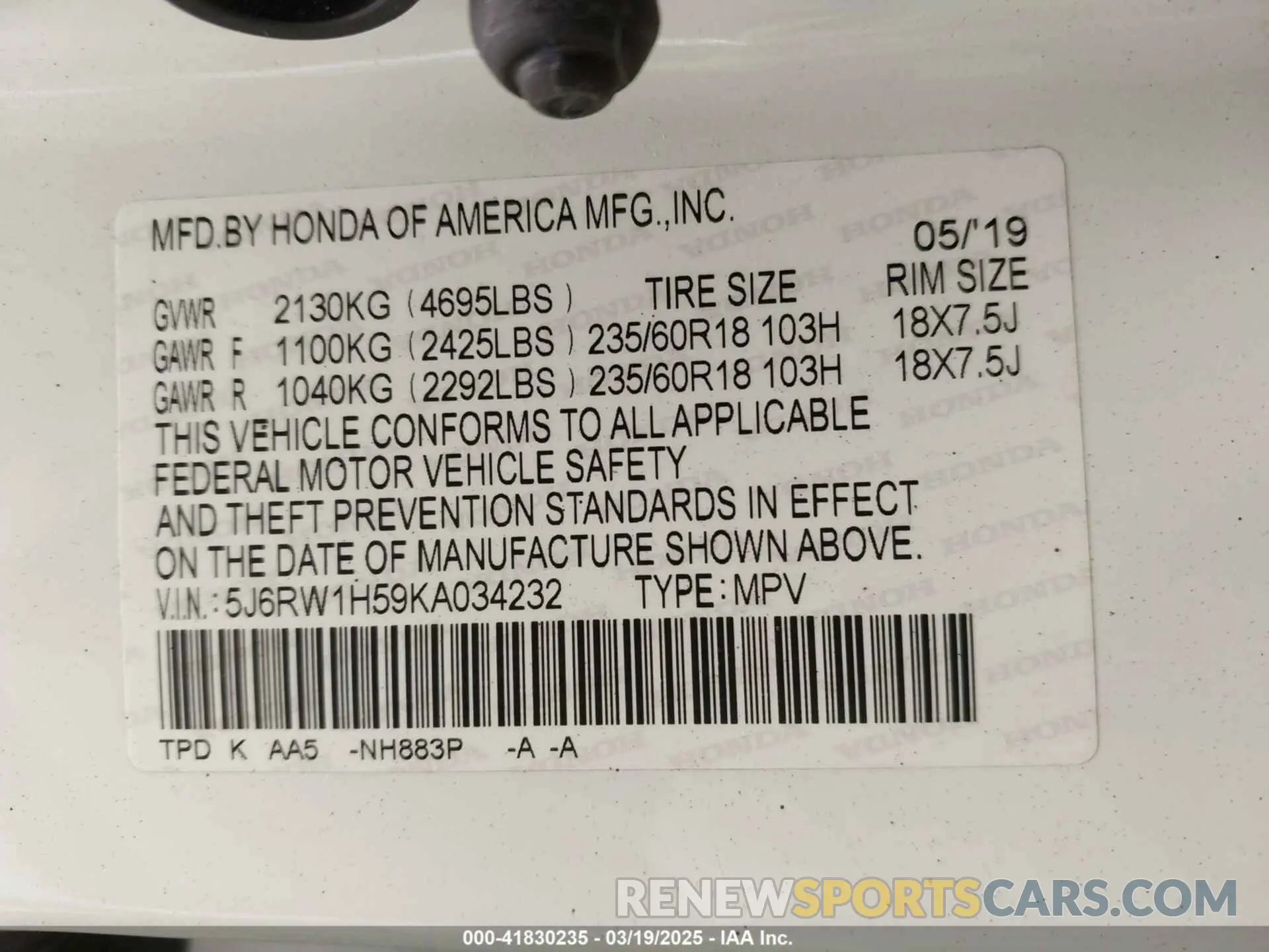 9 Photograph of a damaged car 5J6RW1H59KA034232 HONDA CR-V 2019