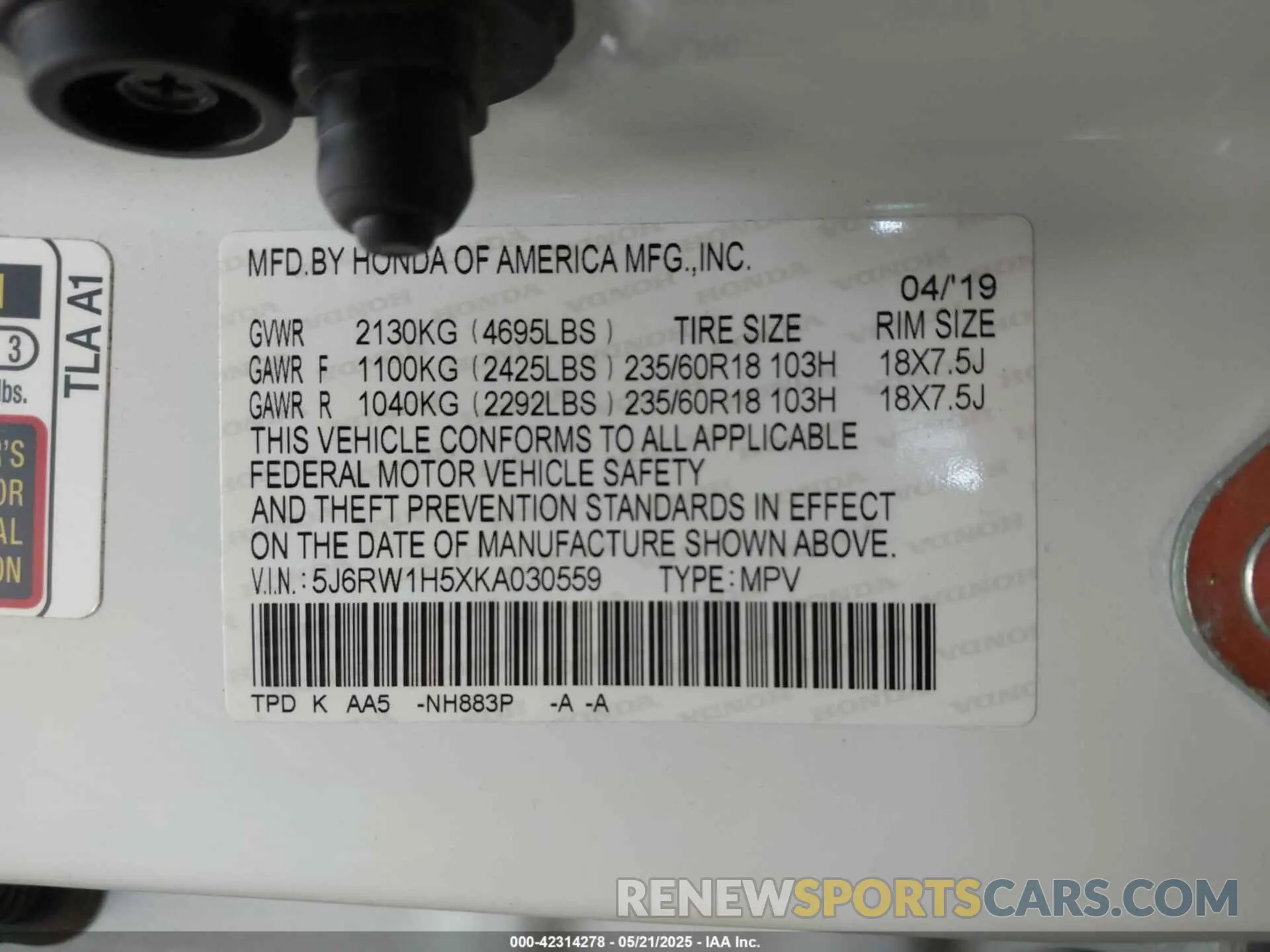 9 Photograph of a damaged car 5J6RW1H5XKA030559 HONDA CR-V 2019