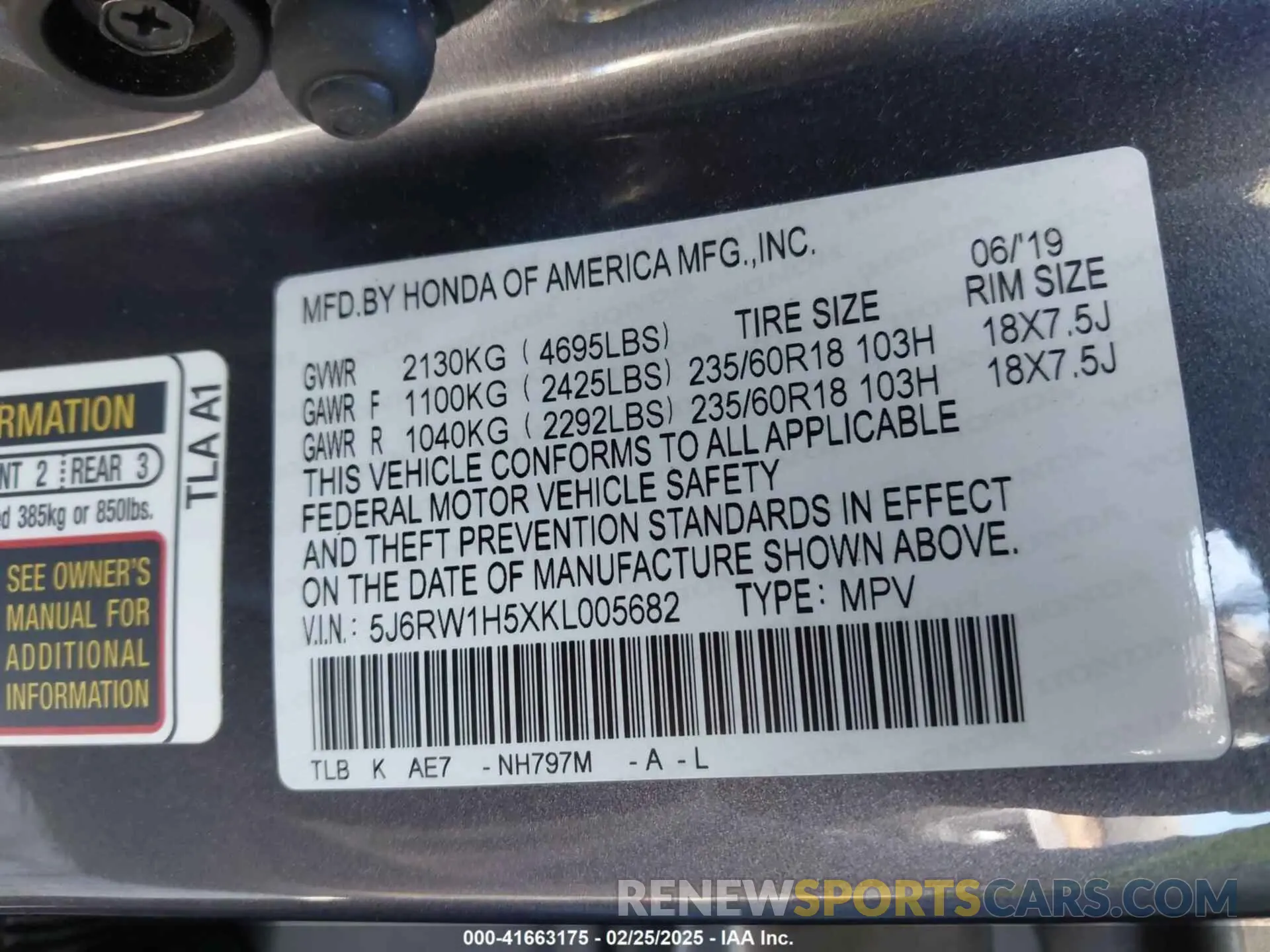 9 Photograph of a damaged car 5J6RW1H5XKL005682 HONDA CR-V 2019