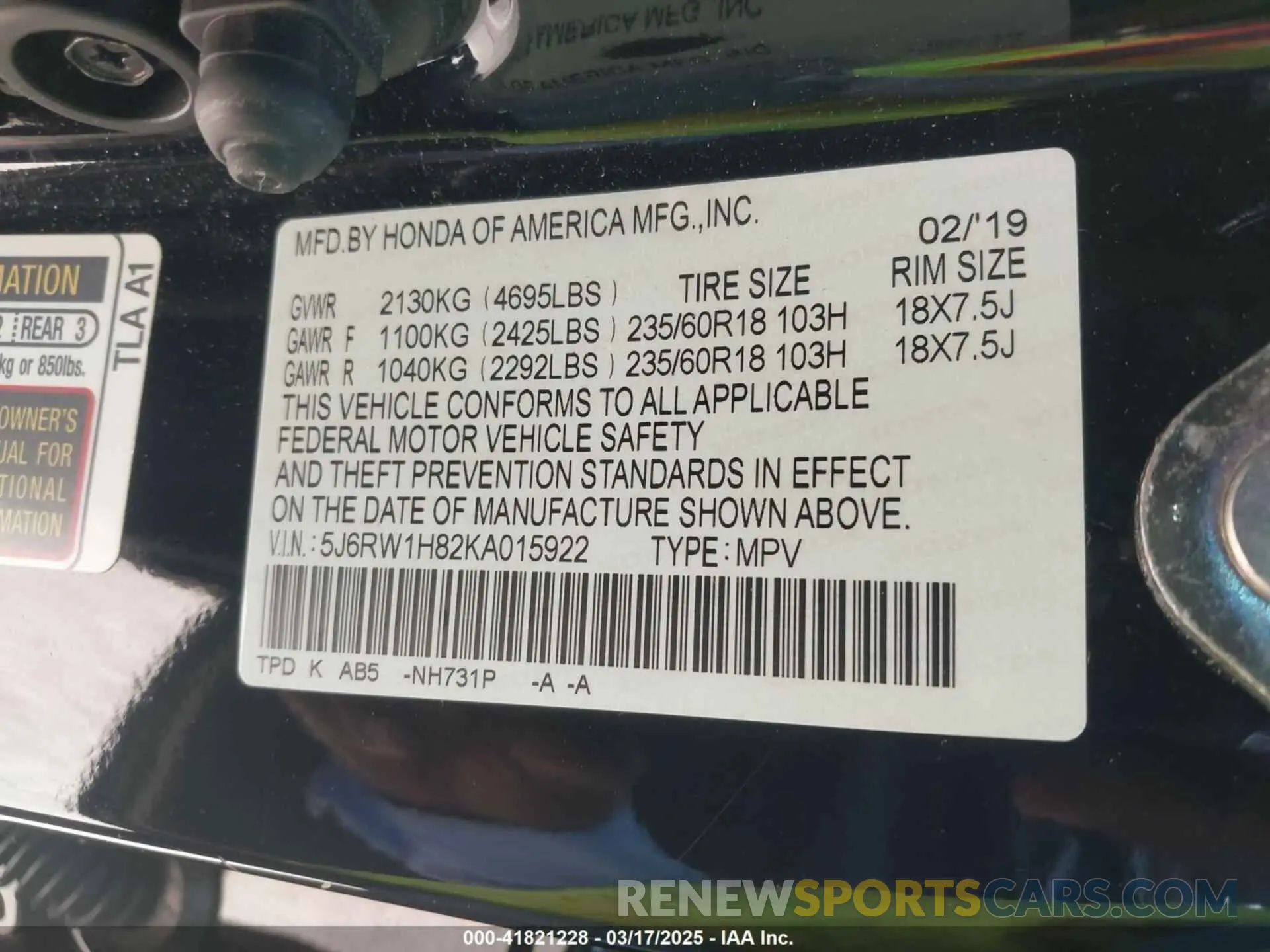 9 Photograph of a damaged car 5J6RW1H82KA015922 HONDA CR-V 2019