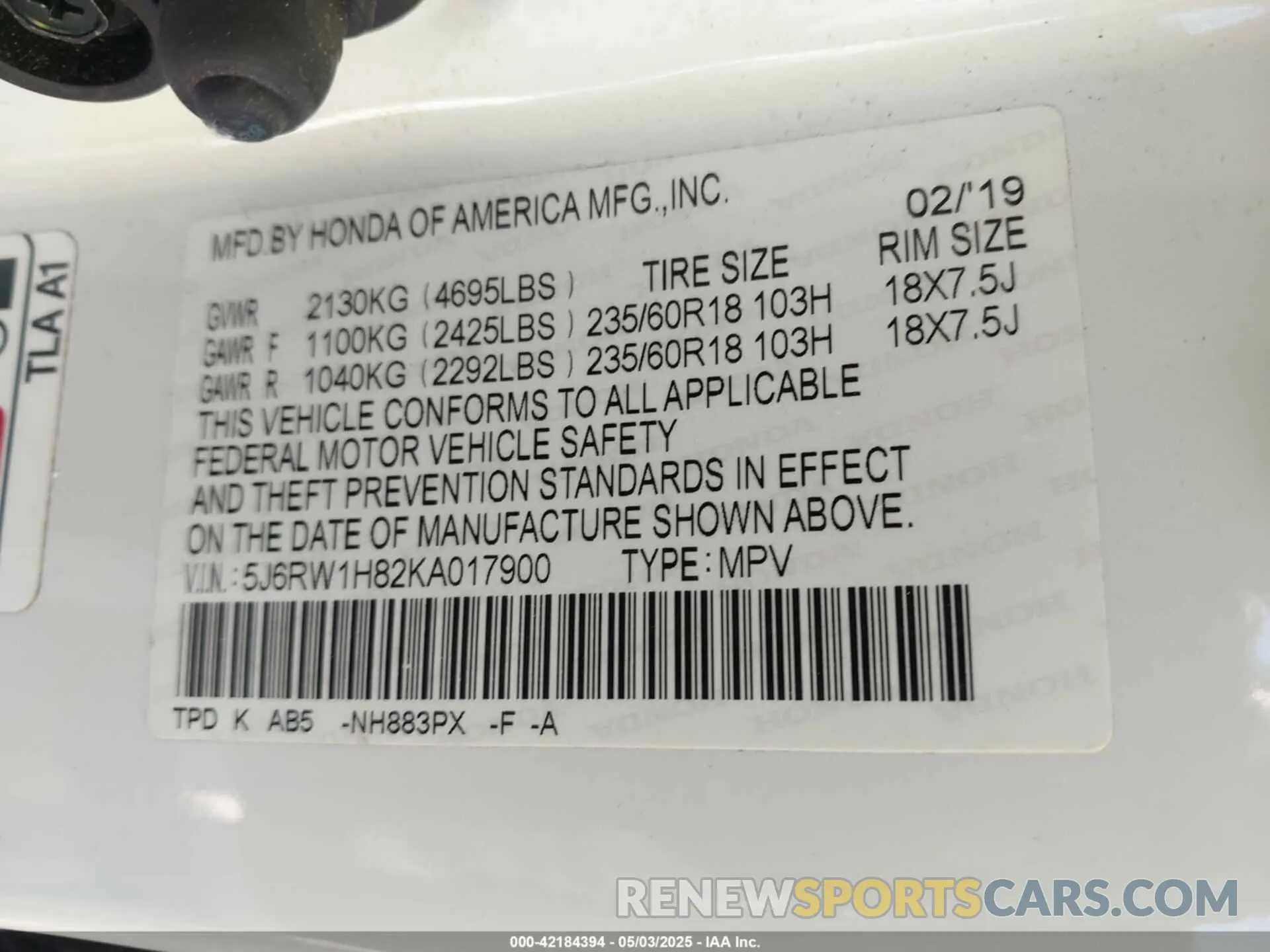 9 Photograph of a damaged car 5J6RW1H82KA017900 HONDA CR-V 2019
