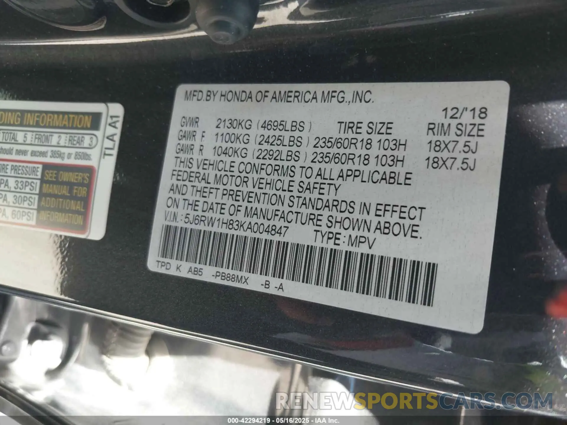 9 Photograph of a damaged car 5J6RW1H83KA004847 HONDA CR-V 2019
