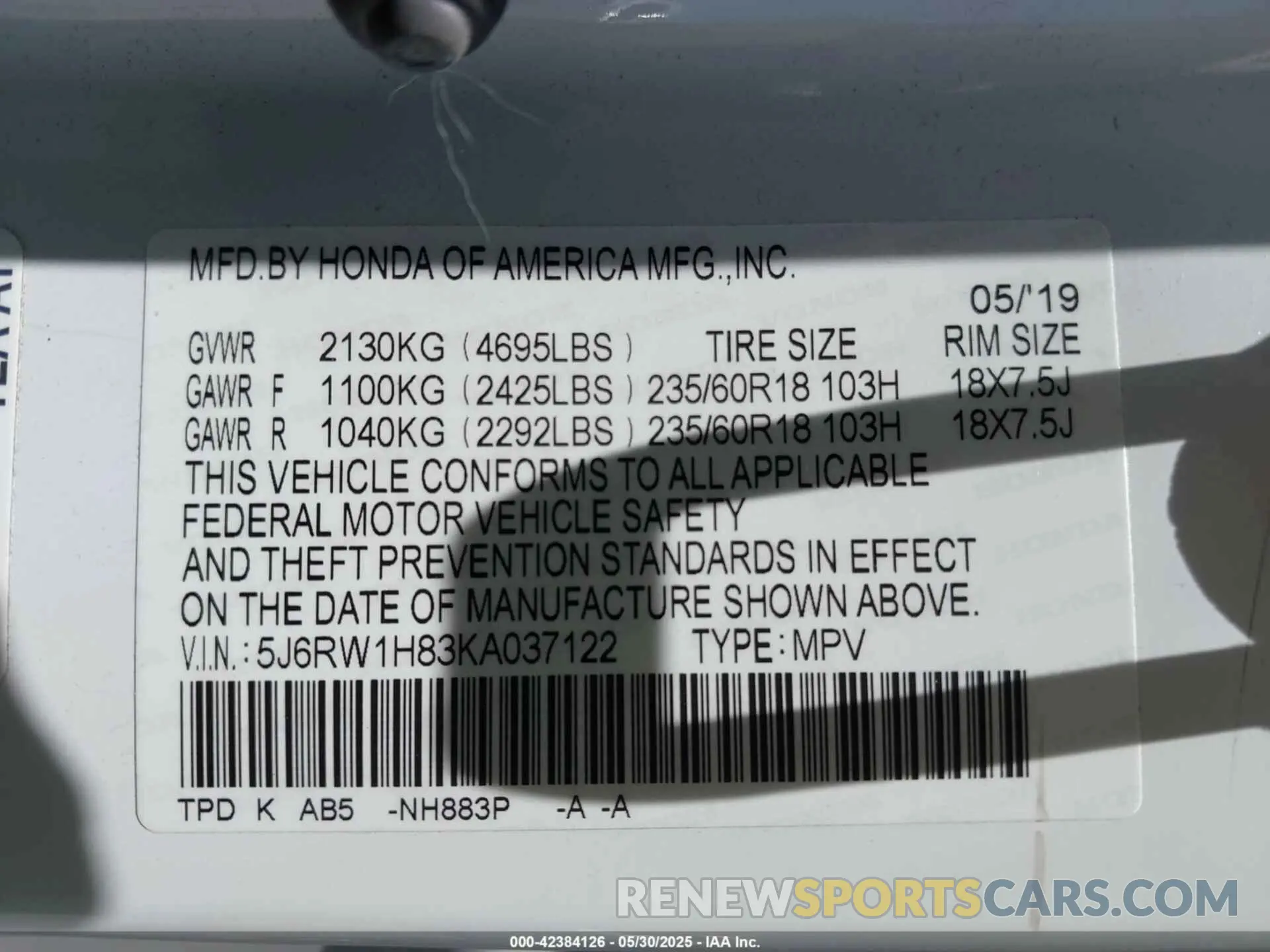 9 Photograph of a damaged car 5J6RW1H83KA037122 HONDA CR-V 2019