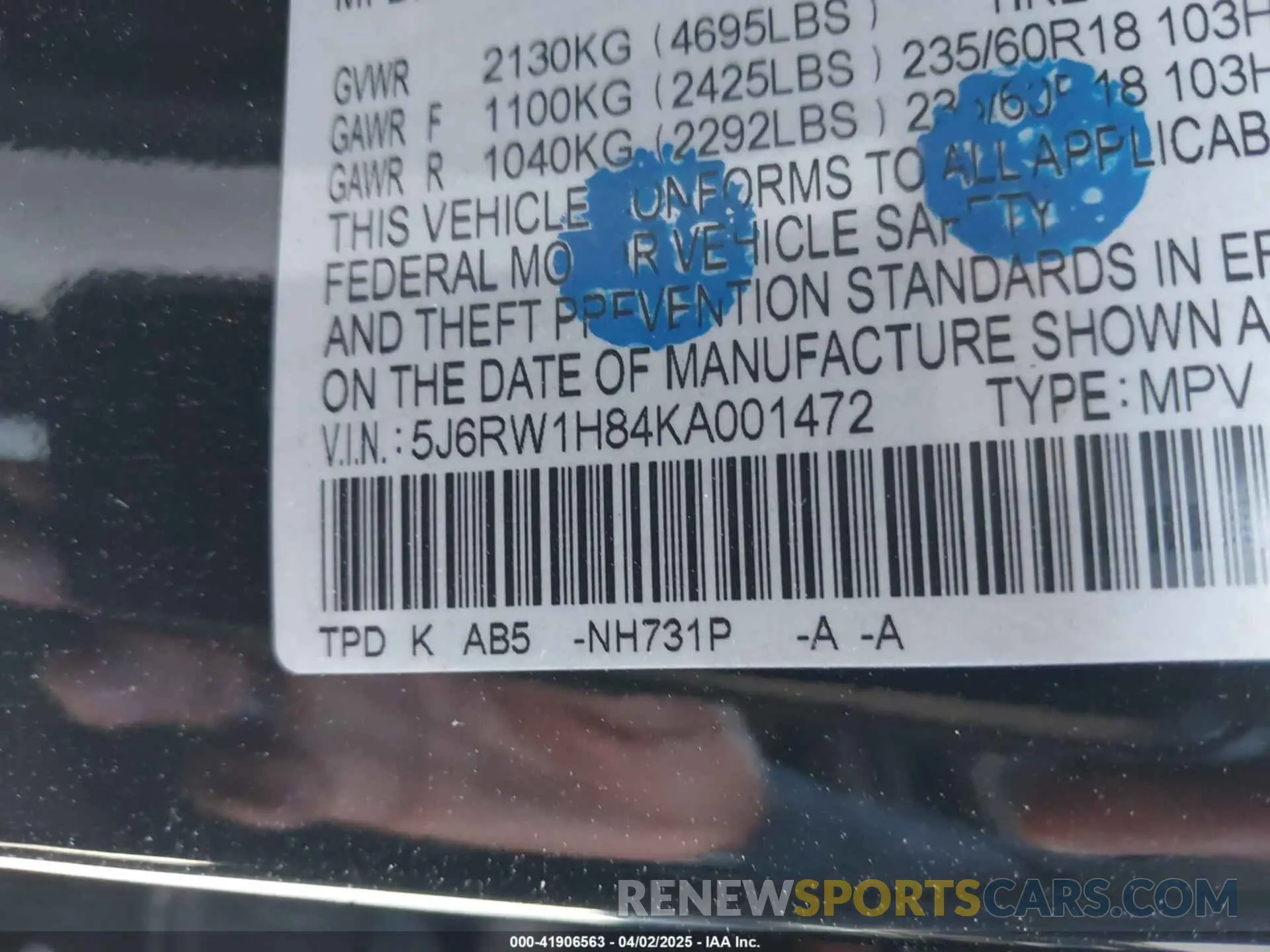 9 Photograph of a damaged car 5J6RW1H84KA001472 HONDA CR-V 2019