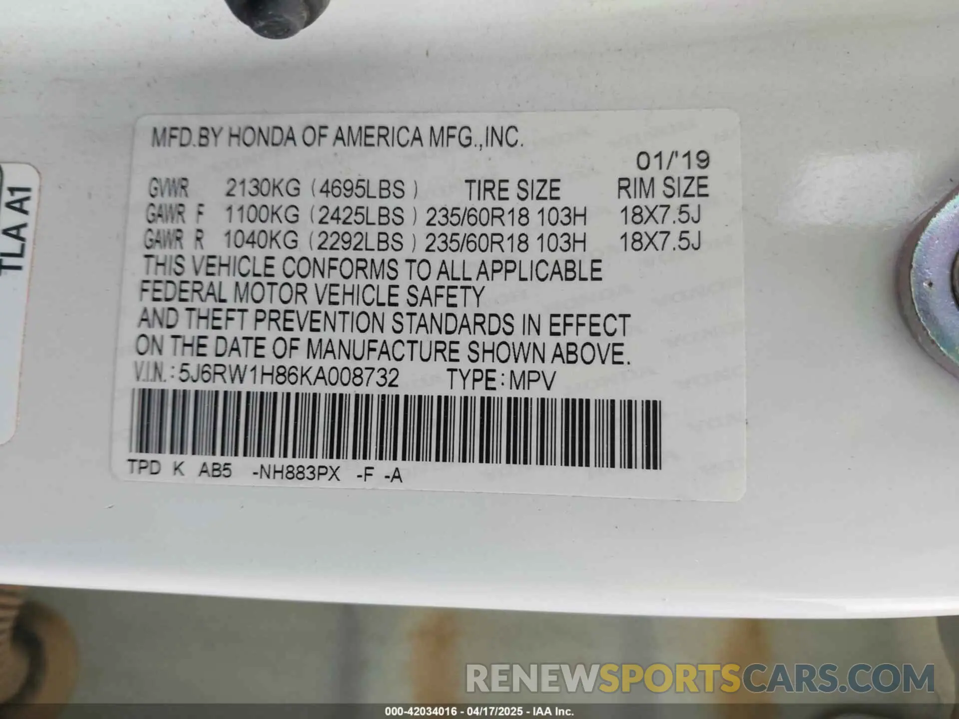 9 Photograph of a damaged car 5J6RW1H86KA008732 HONDA CR-V 2019