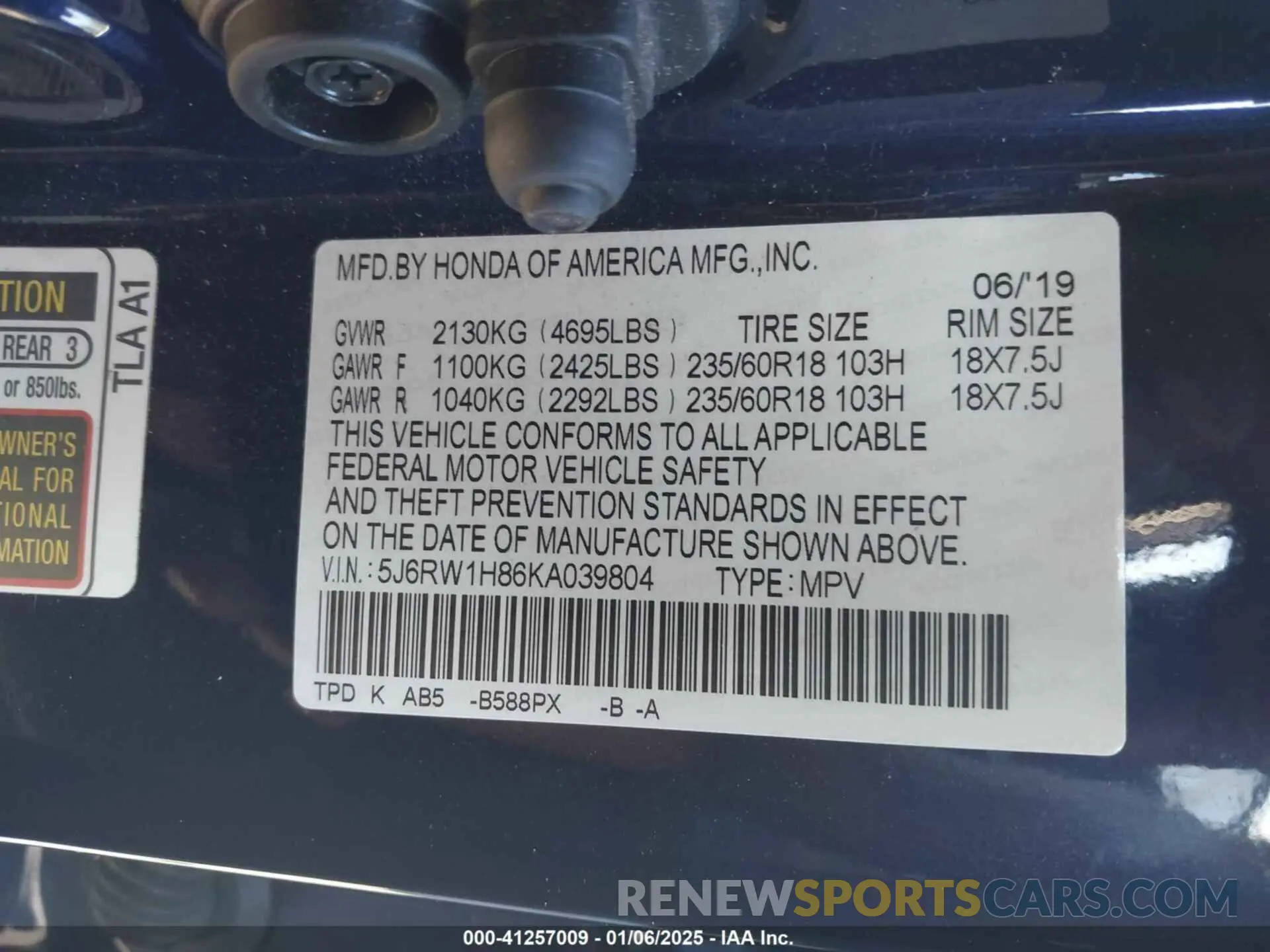 9 Photograph of a damaged car 5J6RW1H86KA039804 HONDA CR-V 2019