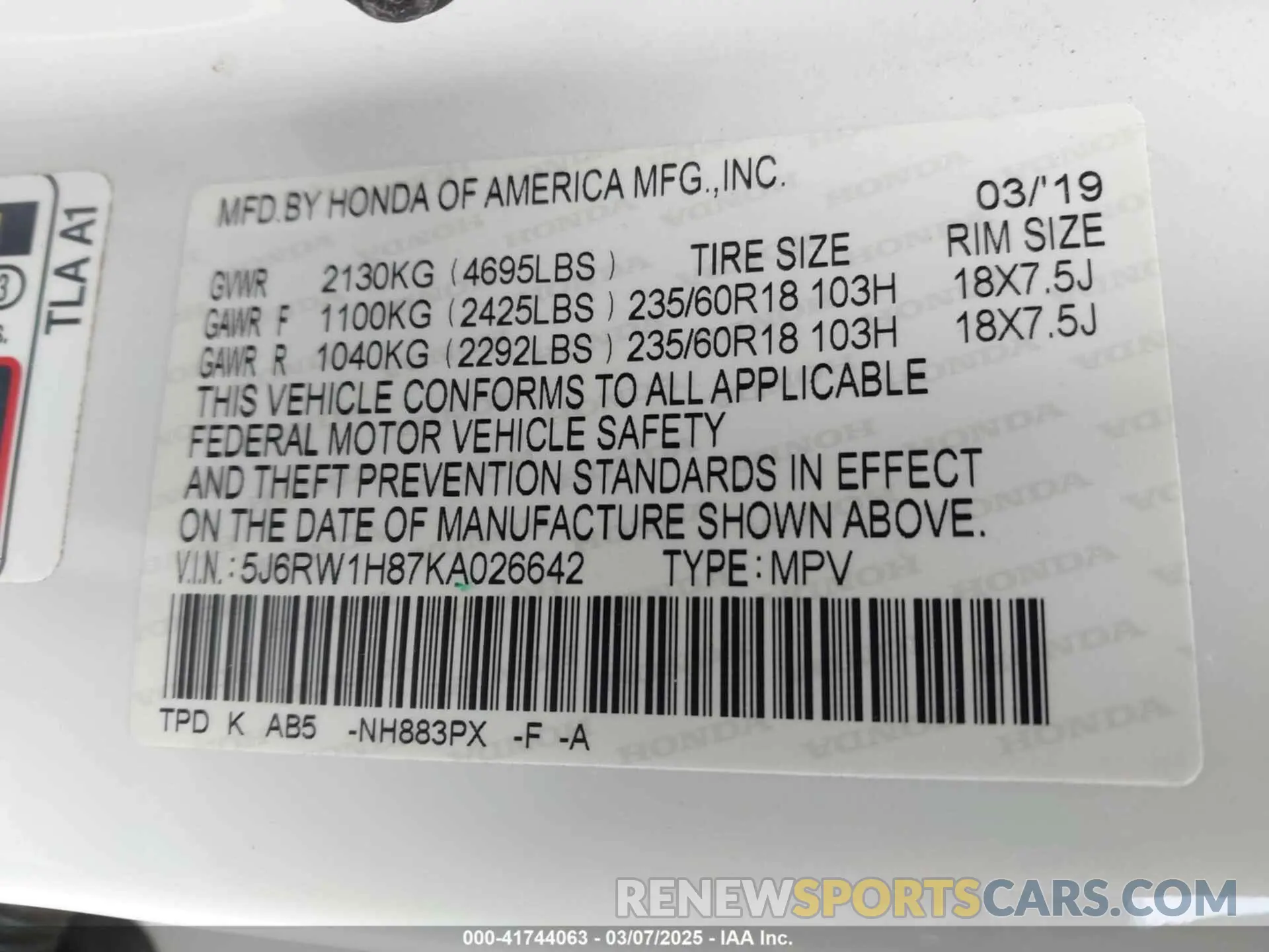 9 Photograph of a damaged car 5J6RW1H87KA026642 HONDA CR-V 2019
