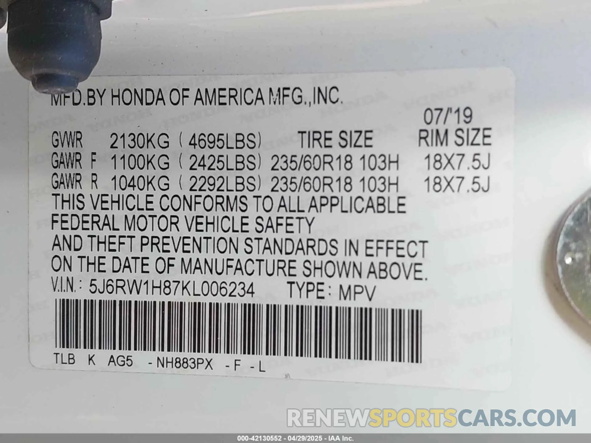 9 Photograph of a damaged car 5J6RW1H87KL006234 HONDA CR-V 2019