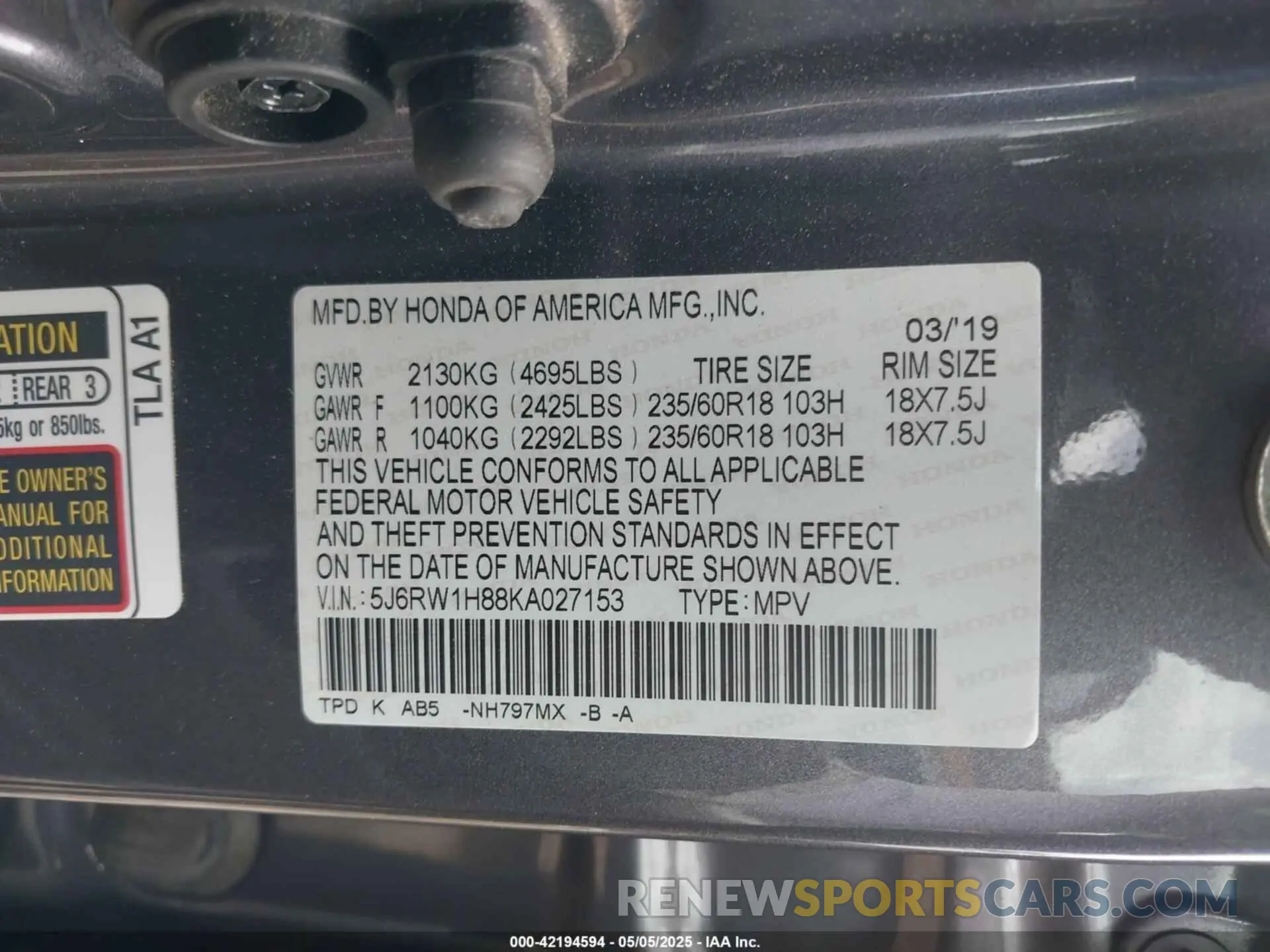 9 Photograph of a damaged car 5J6RW1H88KA027153 HONDA CR-V 2019