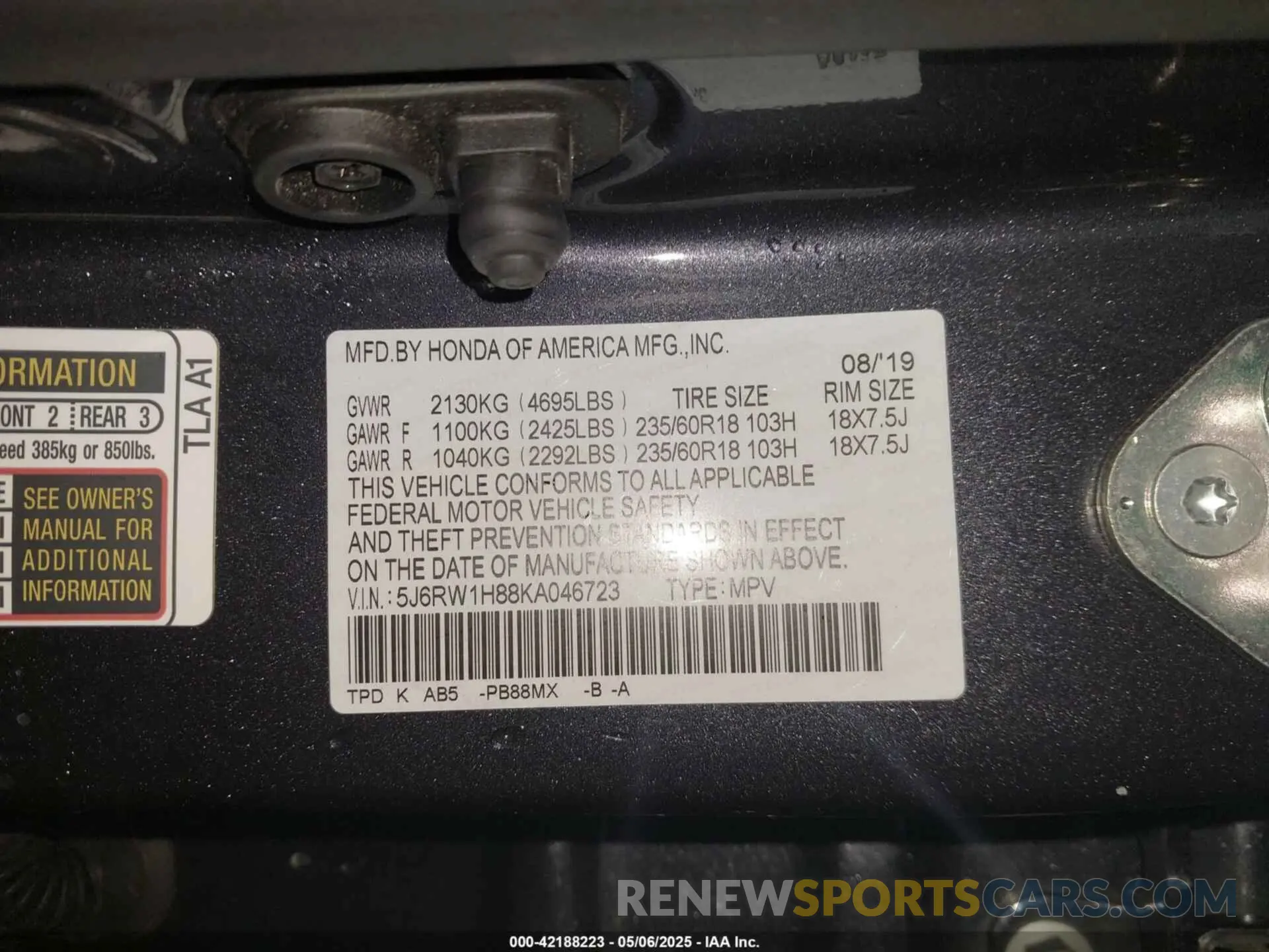 9 Photograph of a damaged car 5J6RW1H88KA046723 HONDA CR-V 2019