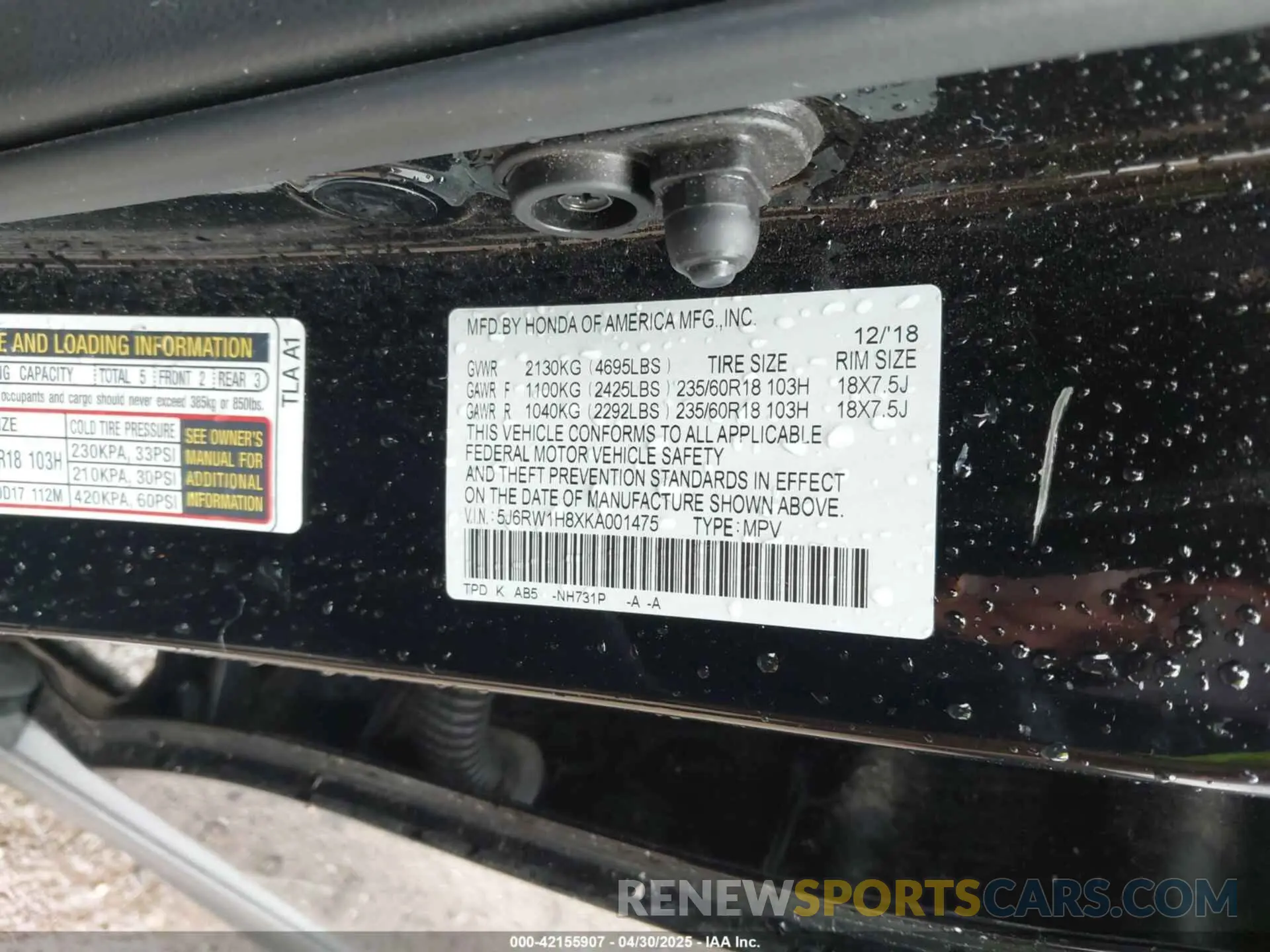 9 Photograph of a damaged car 5J6RW1H8XKA001475 HONDA CR-V 2019