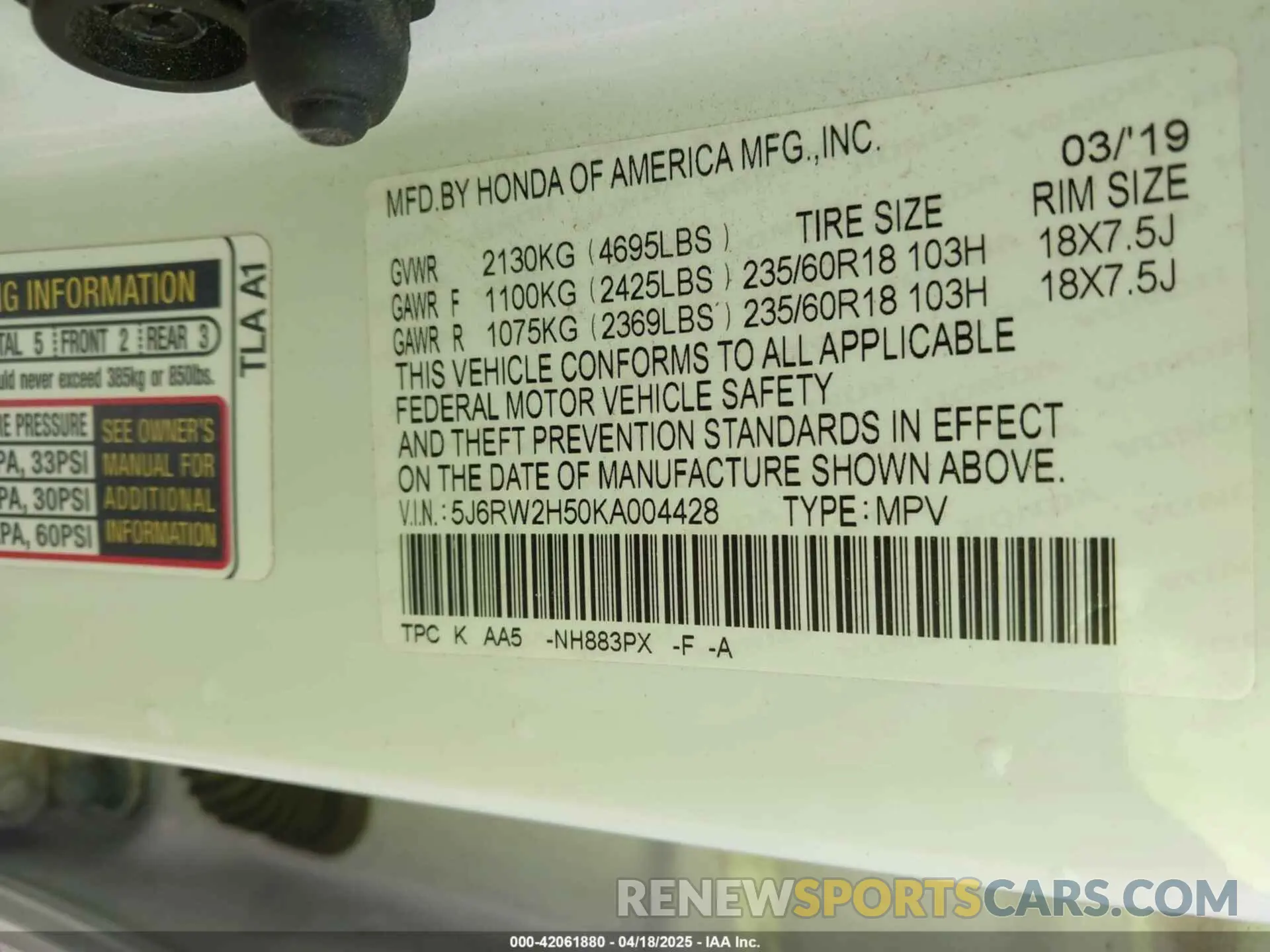 9 Photograph of a damaged car 5J6RW2H50KA004428 HONDA CR-V 2019
