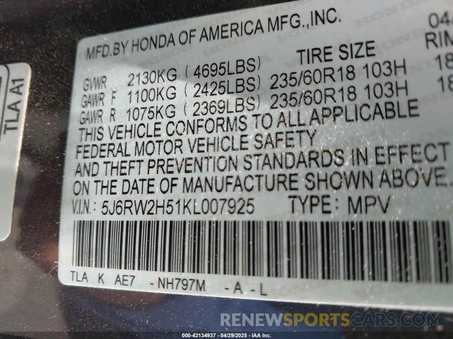 9 Photograph of a damaged car 5J6RW2H51KL007925 HONDA CR-V 2019