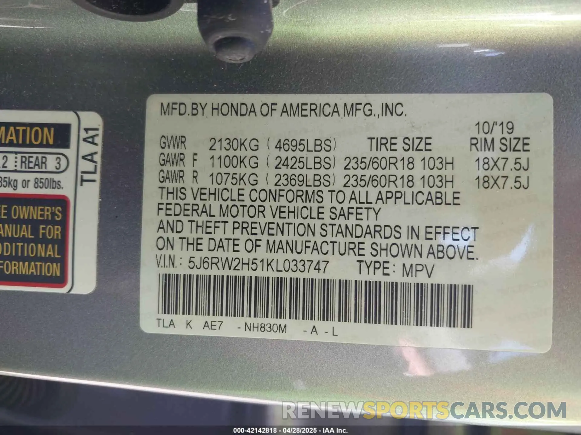 9 Photograph of a damaged car 5J6RW2H51KL033747 HONDA CR-V 2019