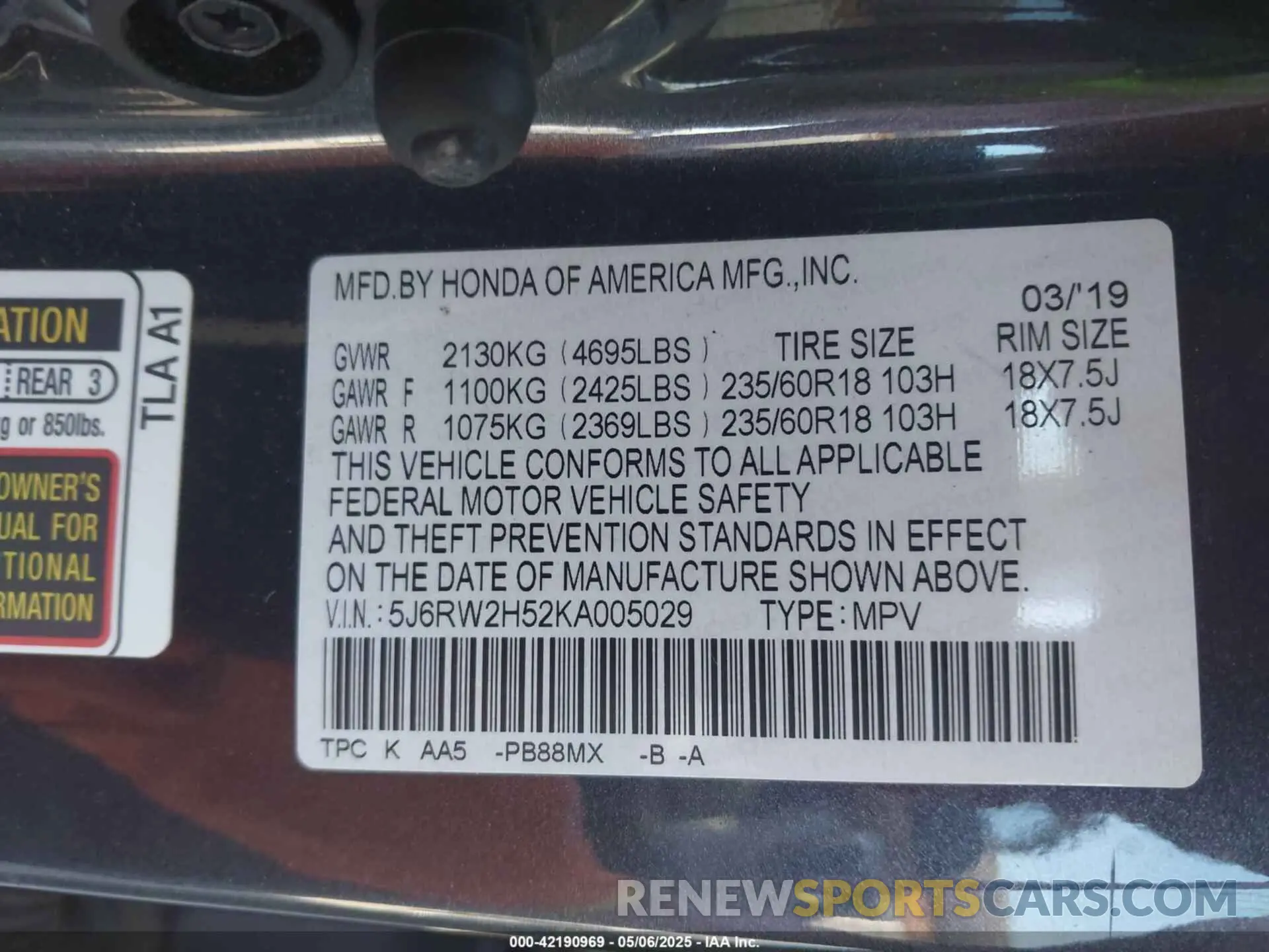 9 Photograph of a damaged car 5J6RW2H52KA005029 HONDA CR-V 2019