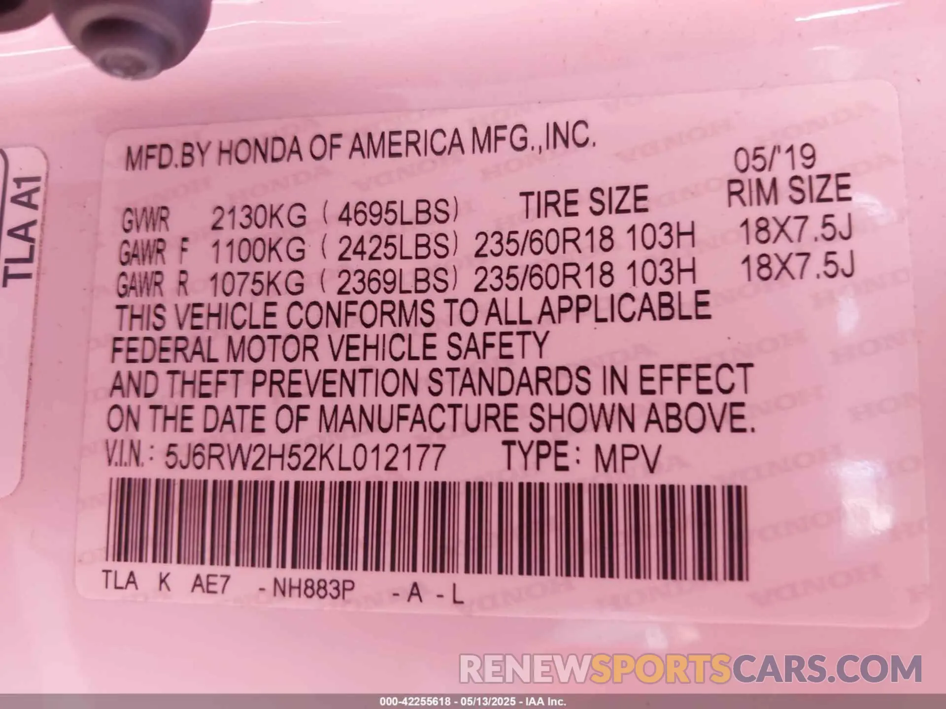 9 Photograph of a damaged car 5J6RW2H52KL012177 HONDA CR-V 2019