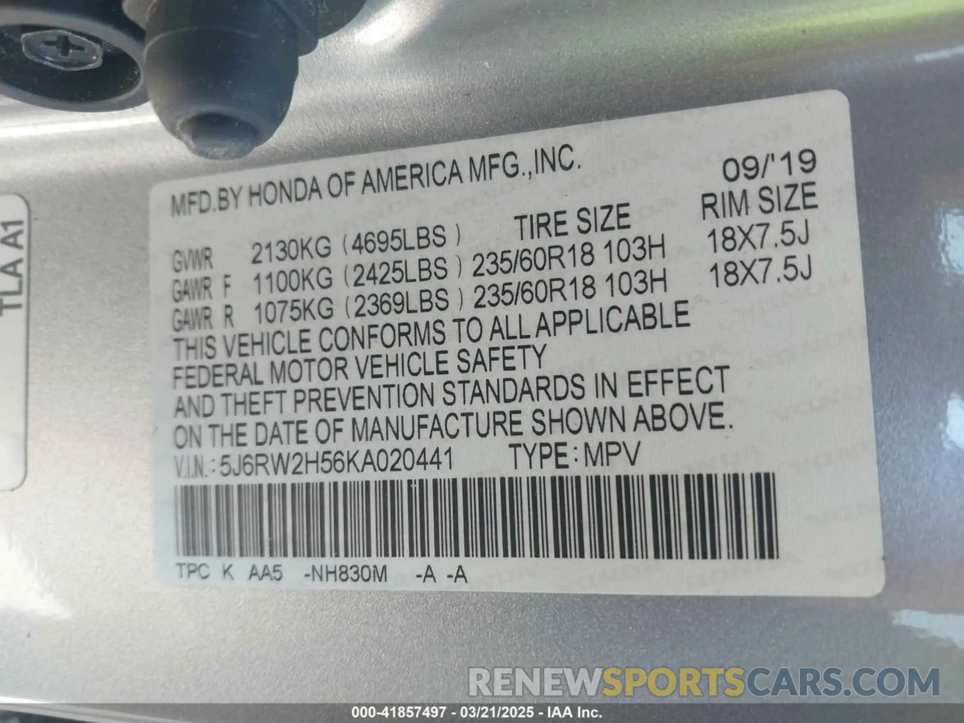 9 Photograph of a damaged car 5J6RW2H56KA020441 HONDA CR-V 2019