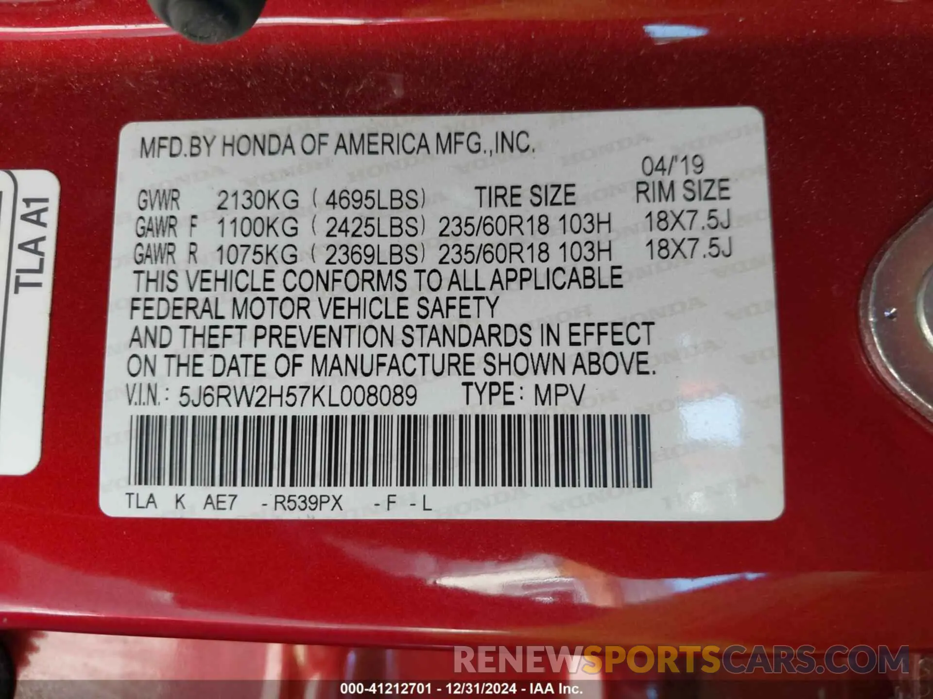 9 Photograph of a damaged car 5J6RW2H57KL008089 HONDA CR-V 2019