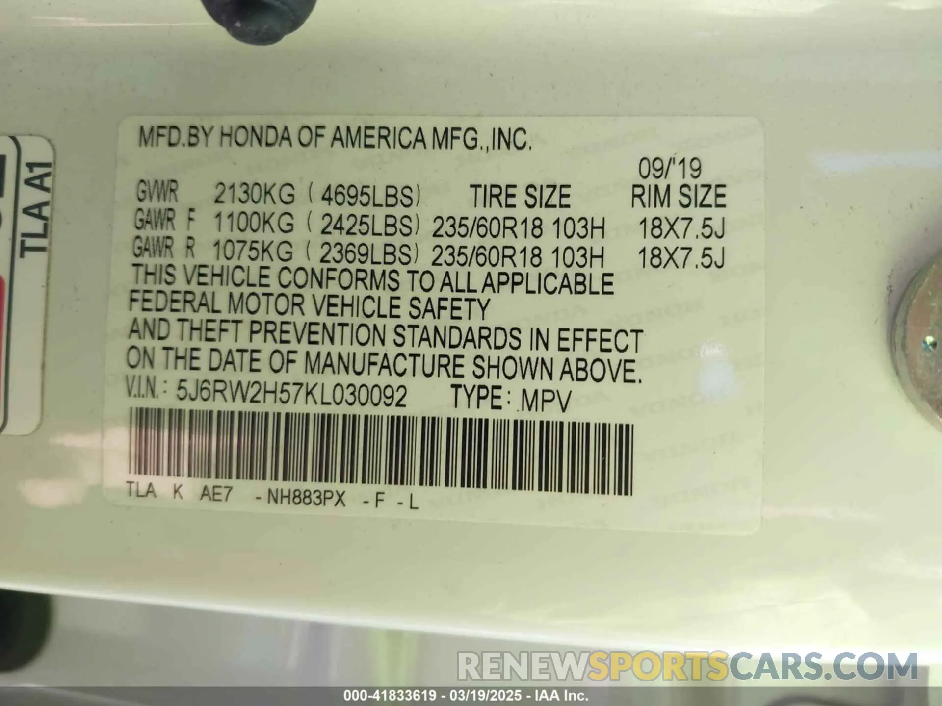 9 Photograph of a damaged car 5J6RW2H57KL030092 HONDA CR-V 2019