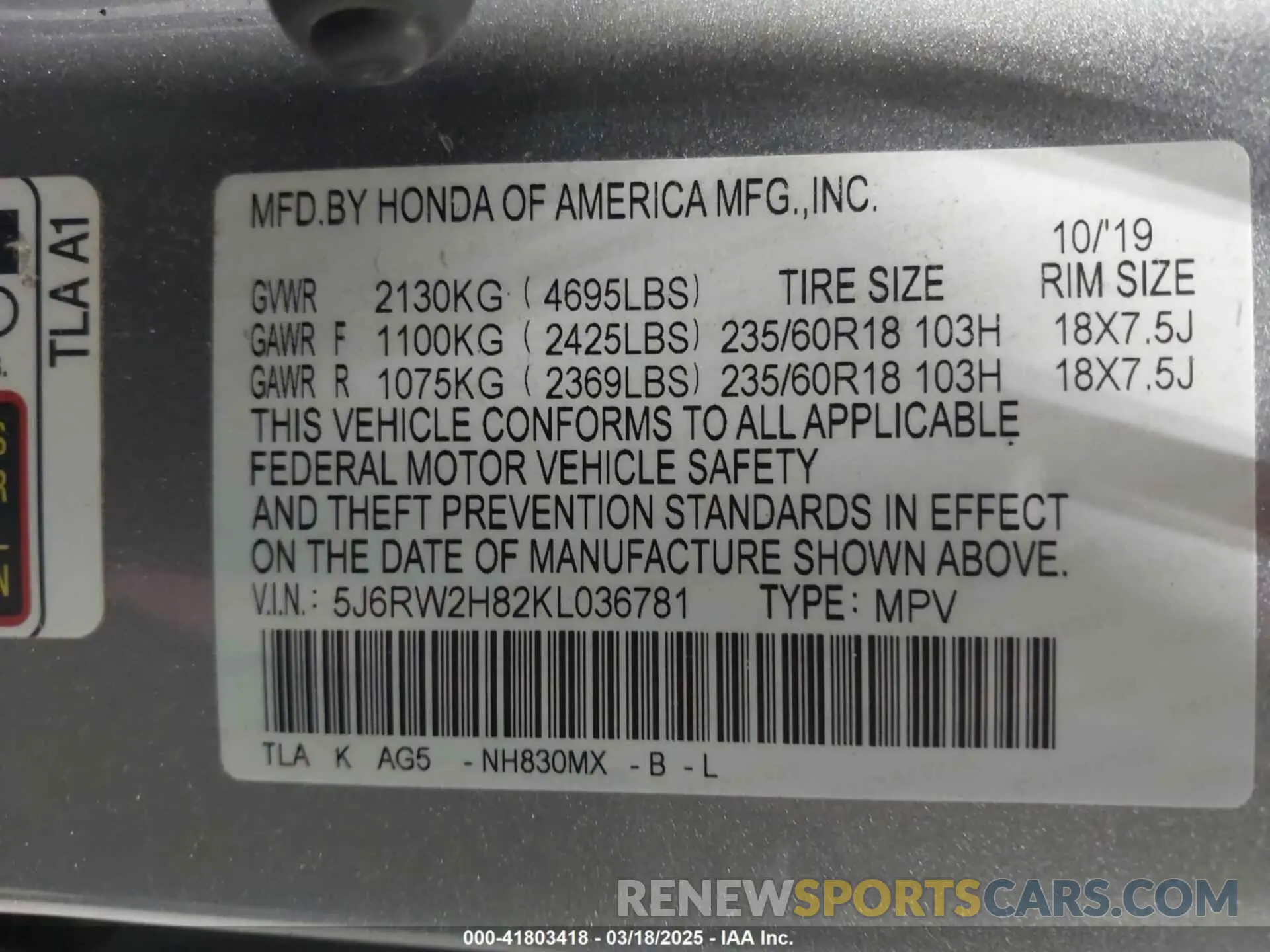 9 Photograph of a damaged car 5J6RW2H82KL036781 HONDA CR-V 2019