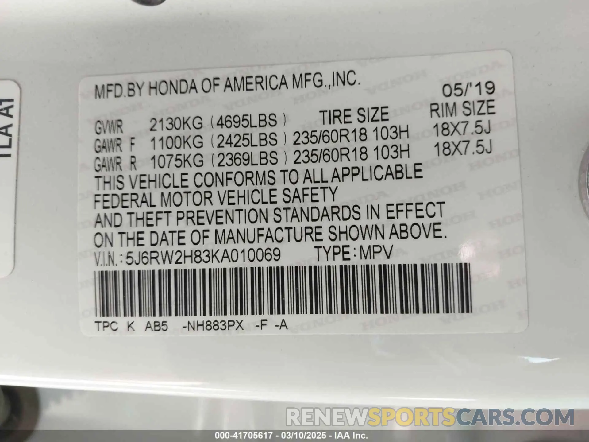 9 Photograph of a damaged car 5J6RW2H83KA010069 HONDA CR-V 2019